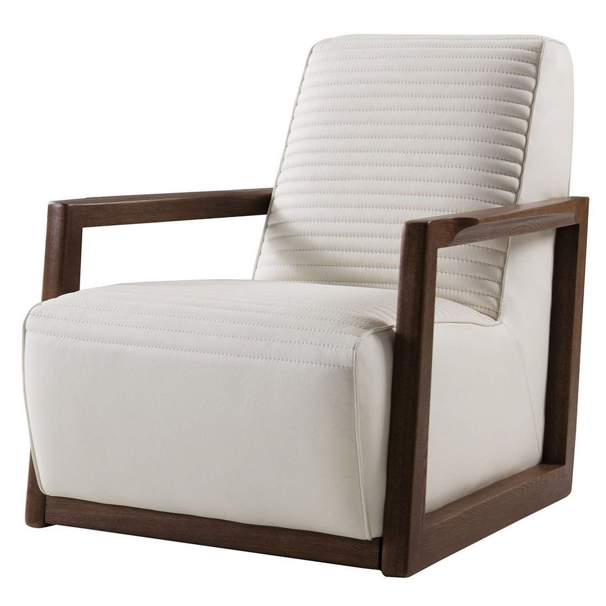 Horizontally Stitched Leather Accent Chair with Wooden Arms,White and Brown