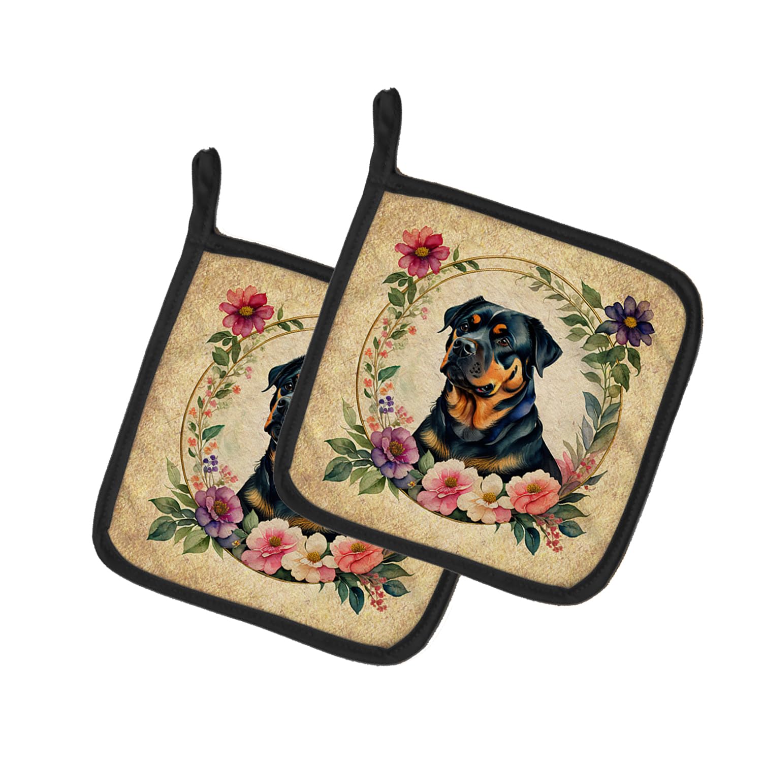 Rottweiler and Flowers Pair of Pot Holders