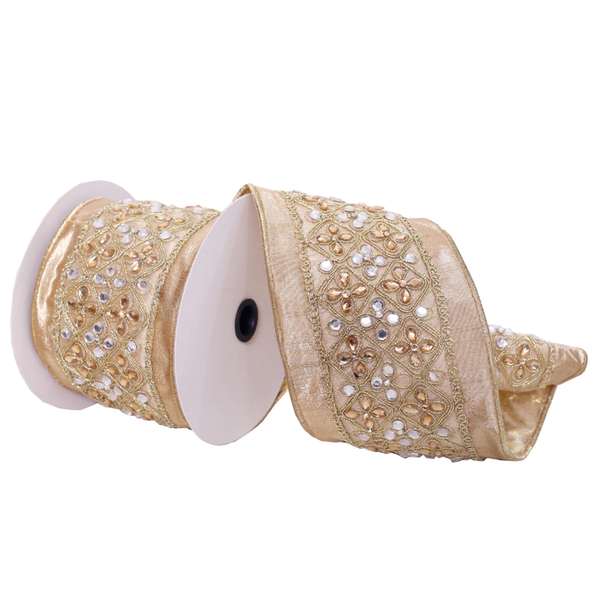 Casafoyer  4” x 5 Yards Gold with Silver and Gold Jewels Wired Edge Christmas Ribbon. - (Pack Of 2)
