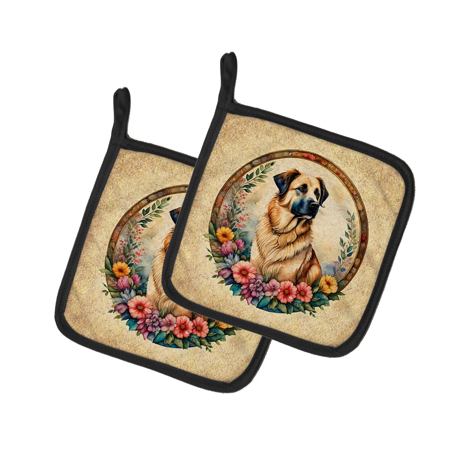 Anatolian Shepherd Dog and Flowers Pair of Pot Holders