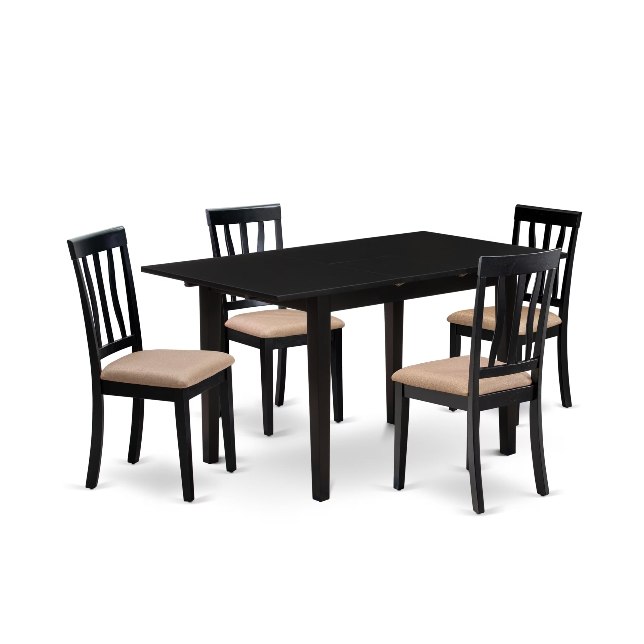 East West Furniture NOAN5-BLK-C 5-Piece Rectangular Dinette Set 4 Dining Chairs with Slatted Back and a Faux Leather Seat and Butterfly Leaf Kitchen Table with Rectangular Top and 4 Legs- Black Finish