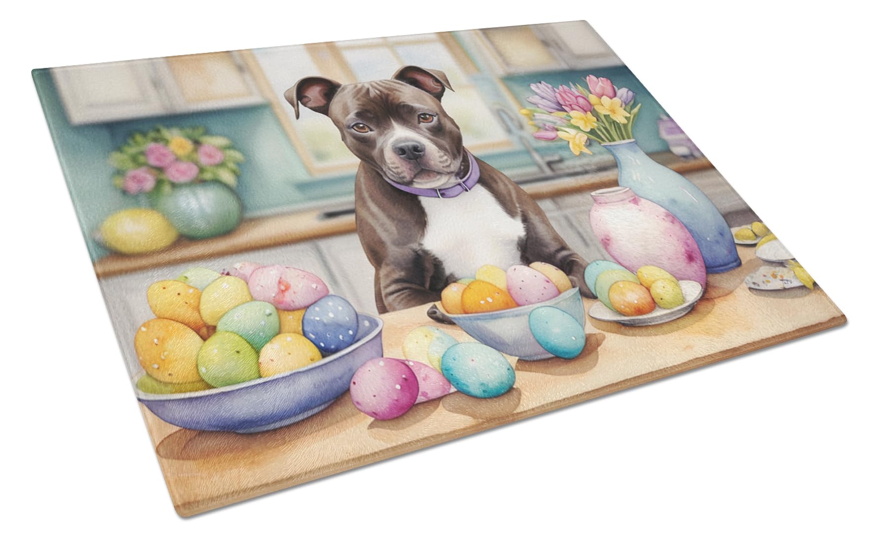 Carolines Treasures DAC6908LCB Decorating Easter Staffordshire Bull Terrier Glass Cutting Board Decorative Tempered Glass Kitchen Cutting and Serving Board Large Size Chopping Board