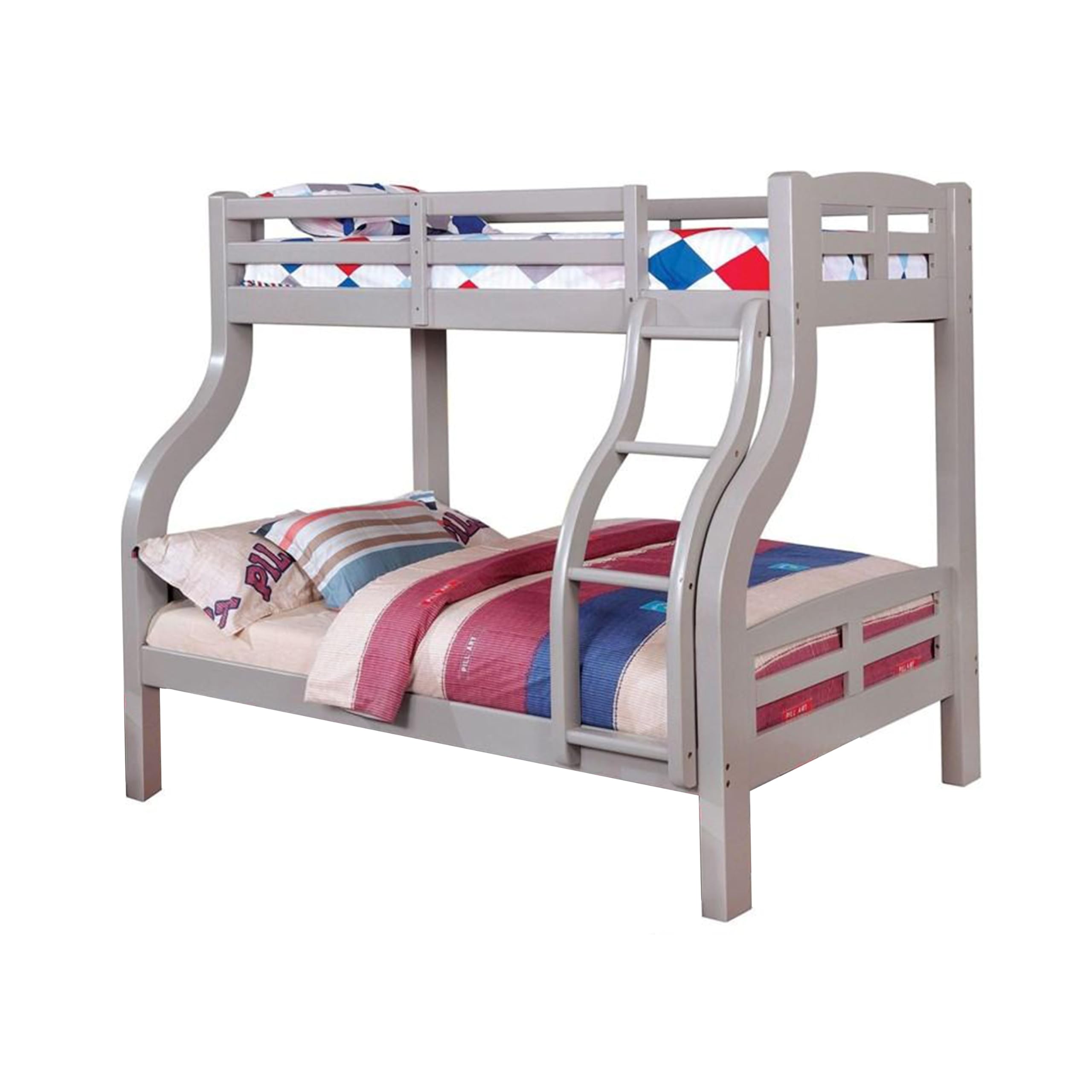 Tedy Twin over Full Bunk Bed with Curved Ladder, Guardrails, Gray
