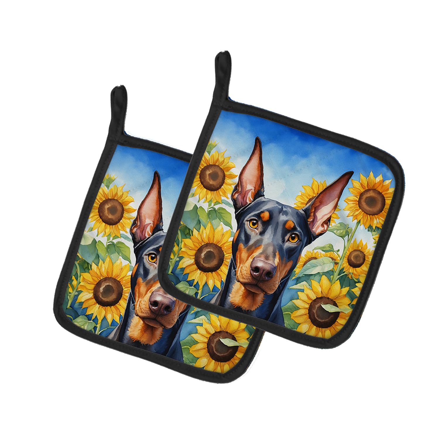 Doberman Pinscher in Sunflowers Pair of Pot Holders