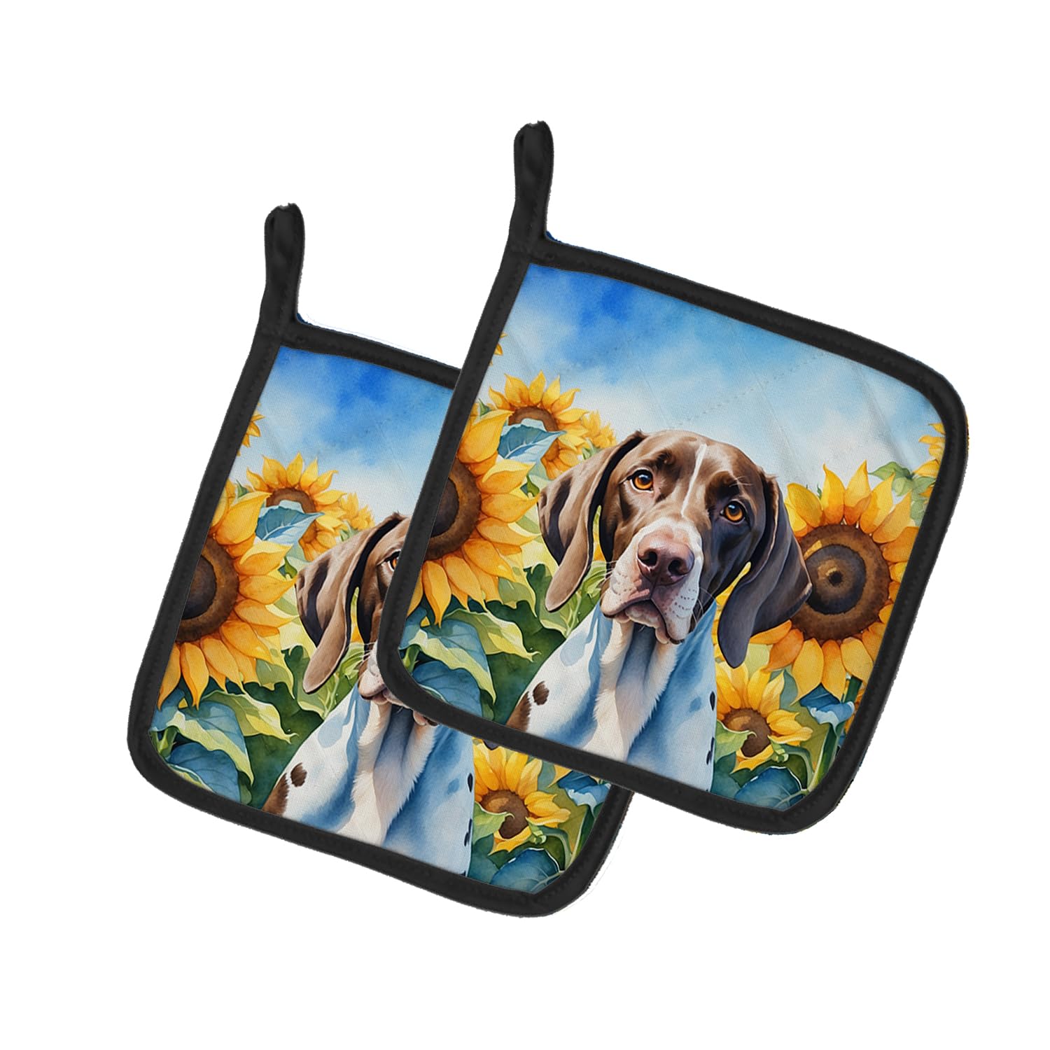Pointer in Sunflowers Pair of Pot Holders