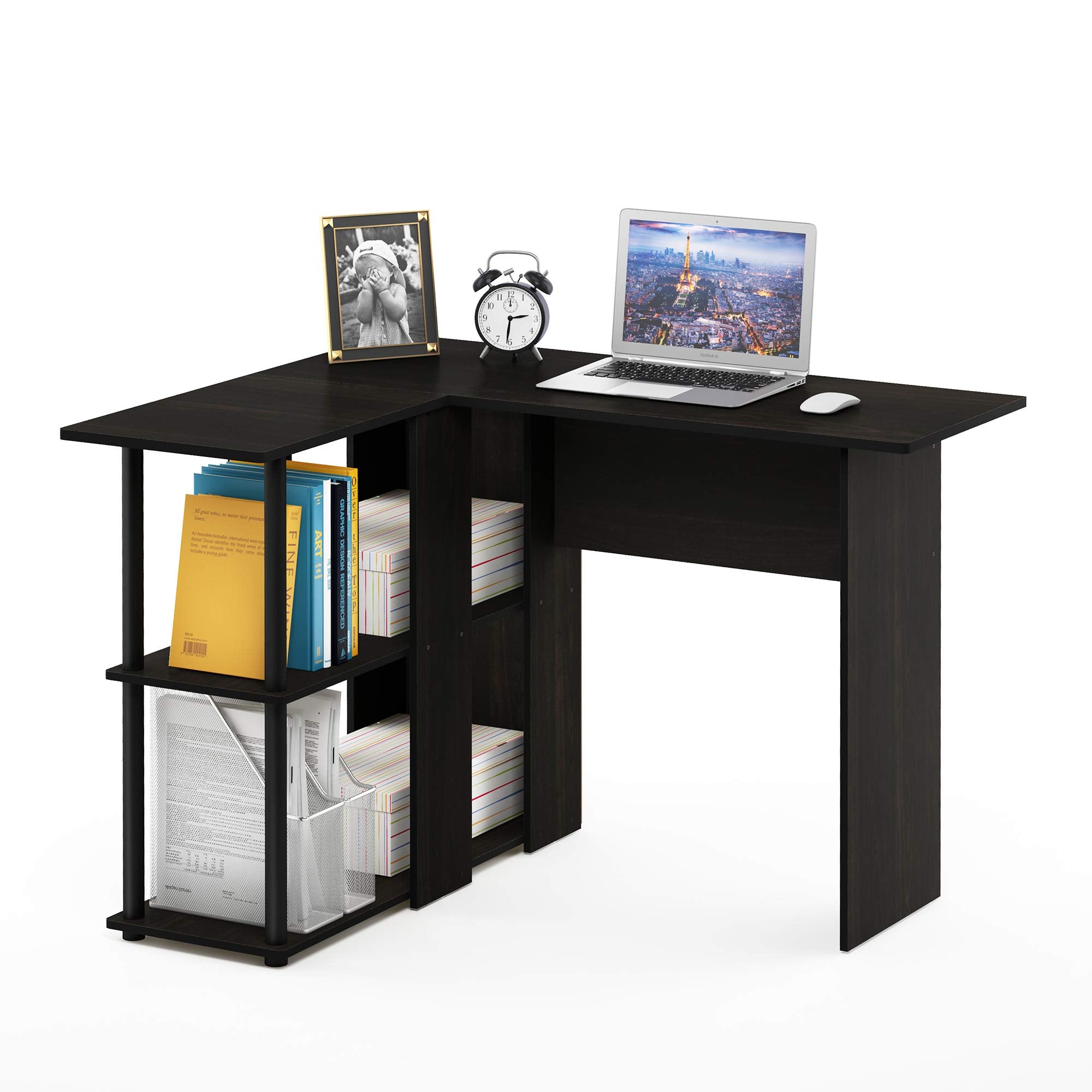 Furinno Abbott L-Shape Desk with Bookshelf, Espresso/Black, 17092EX/BK