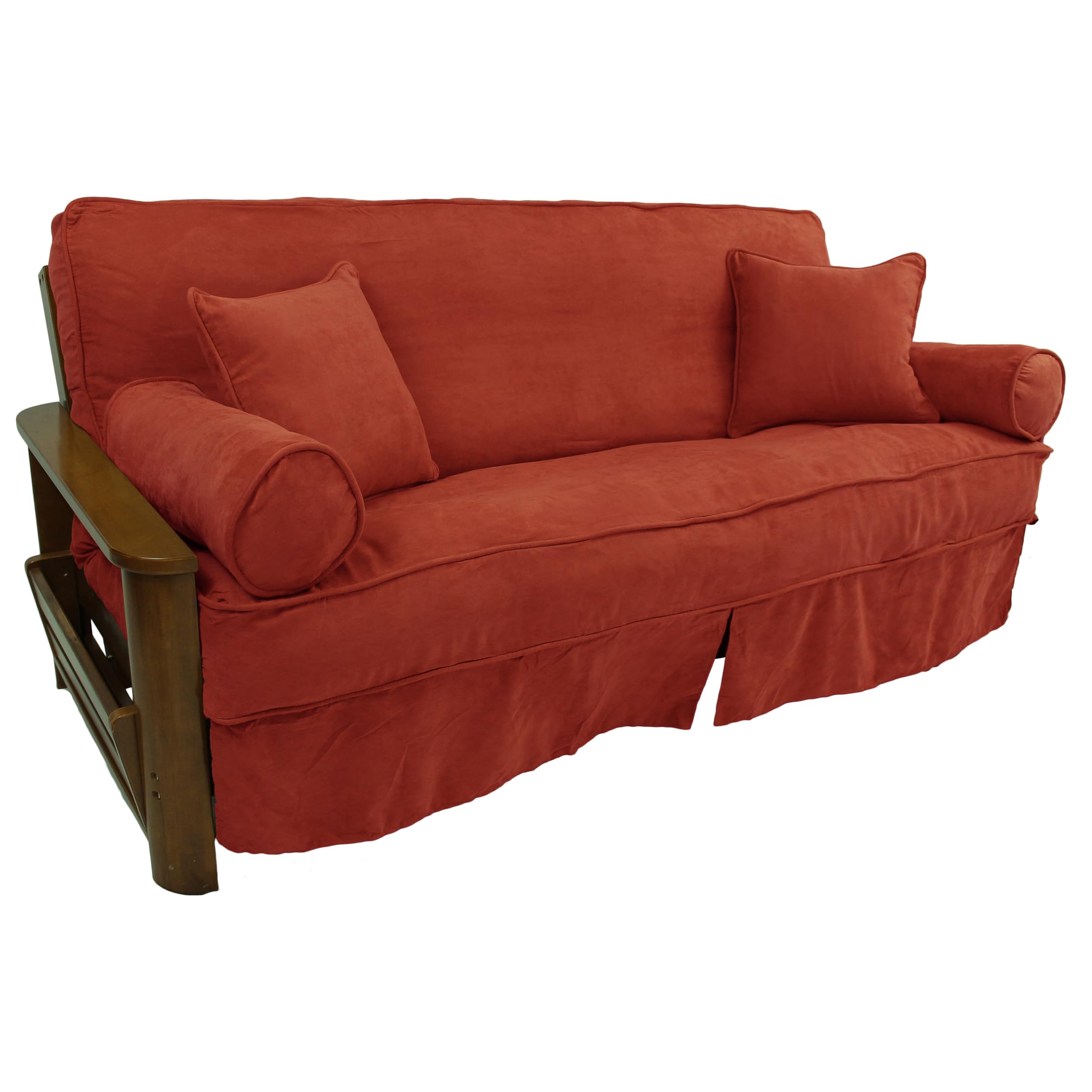 Solid Microsuede Double Corded 8 to 9-inch Full Futon Slipcover Set with Four Throw Pillows (Set of 5) - Cardinal Red