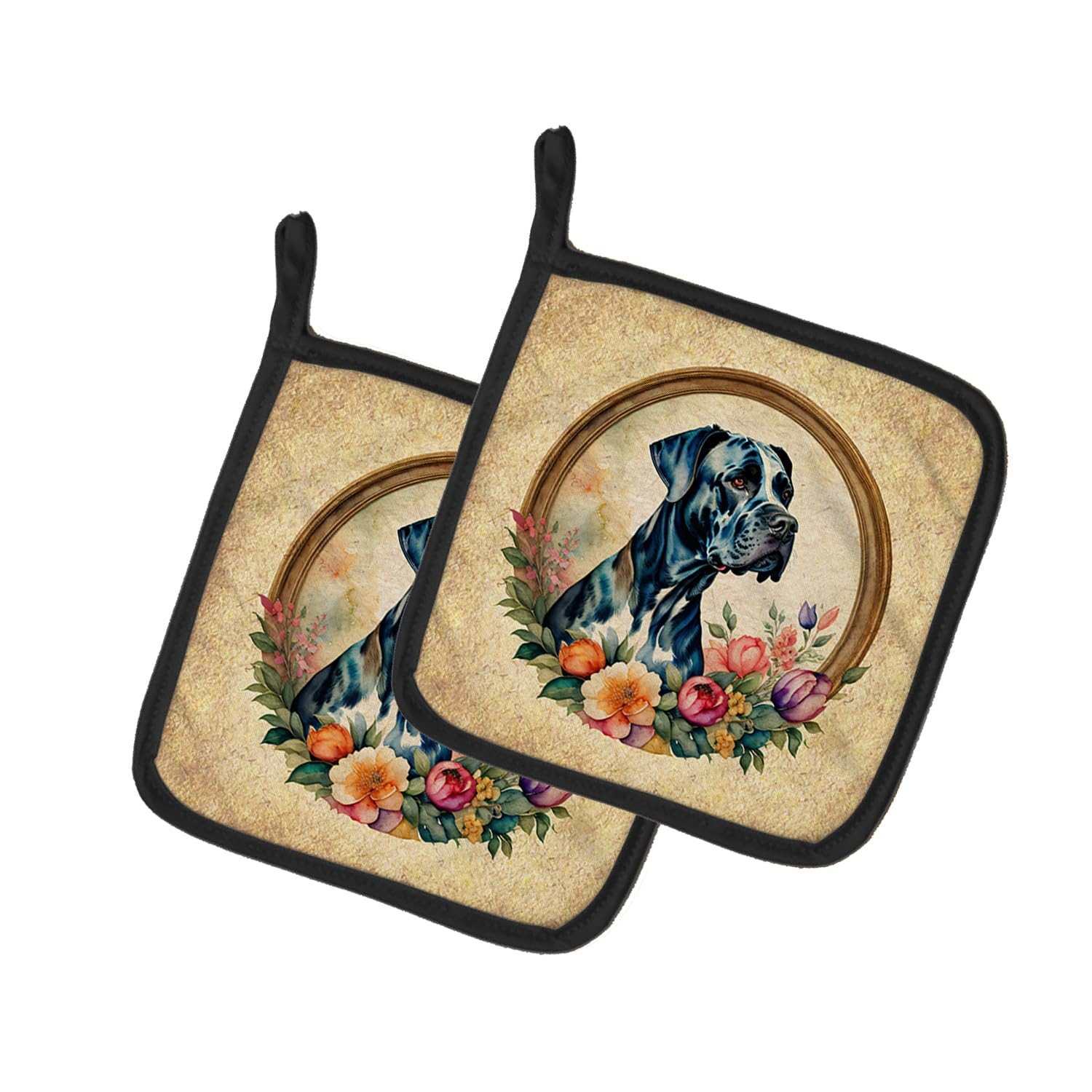 Great Dane and Flowers Pair of Pot Holders