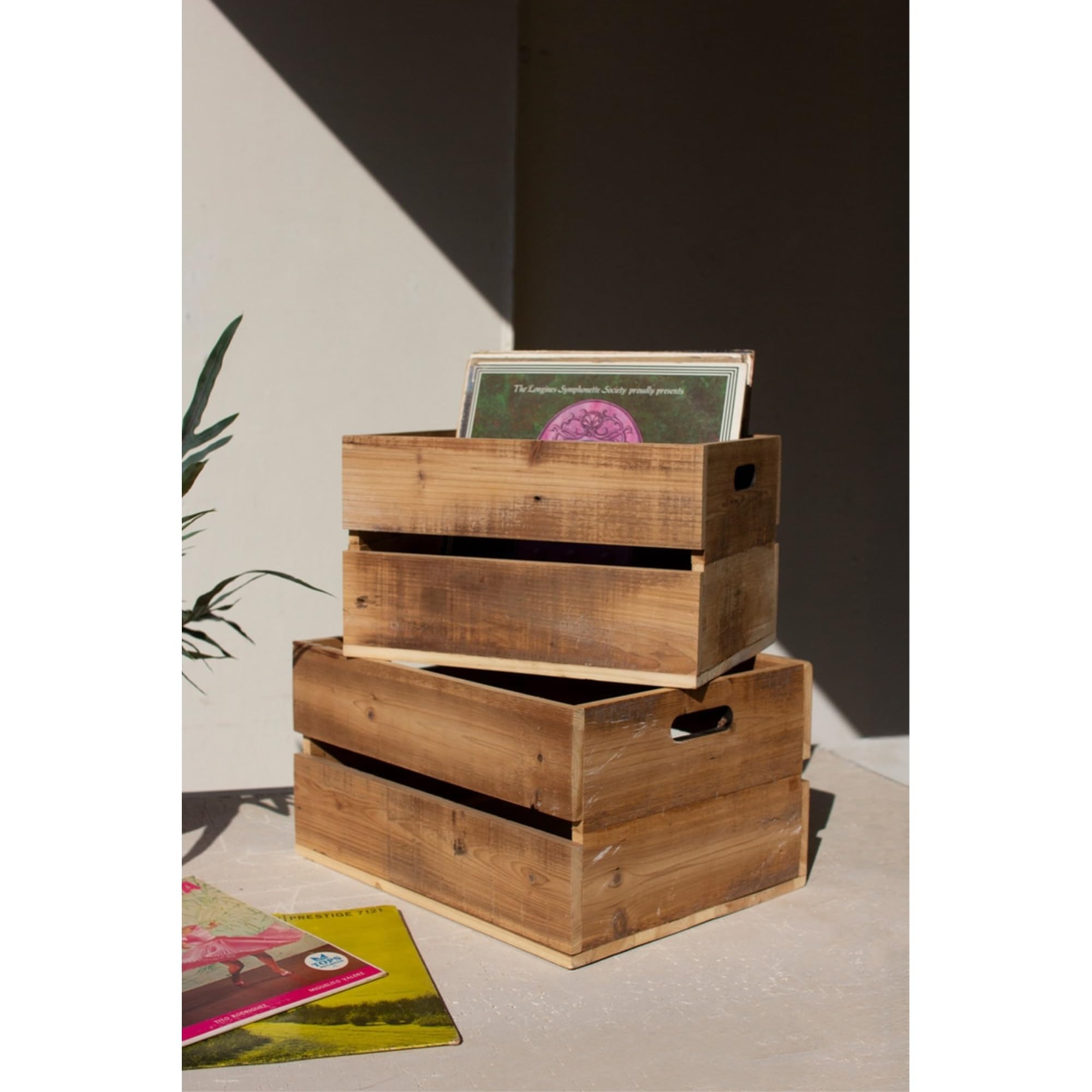 SET OF TWO SLATTED WOODEN CRATES - NATURAL FINISH