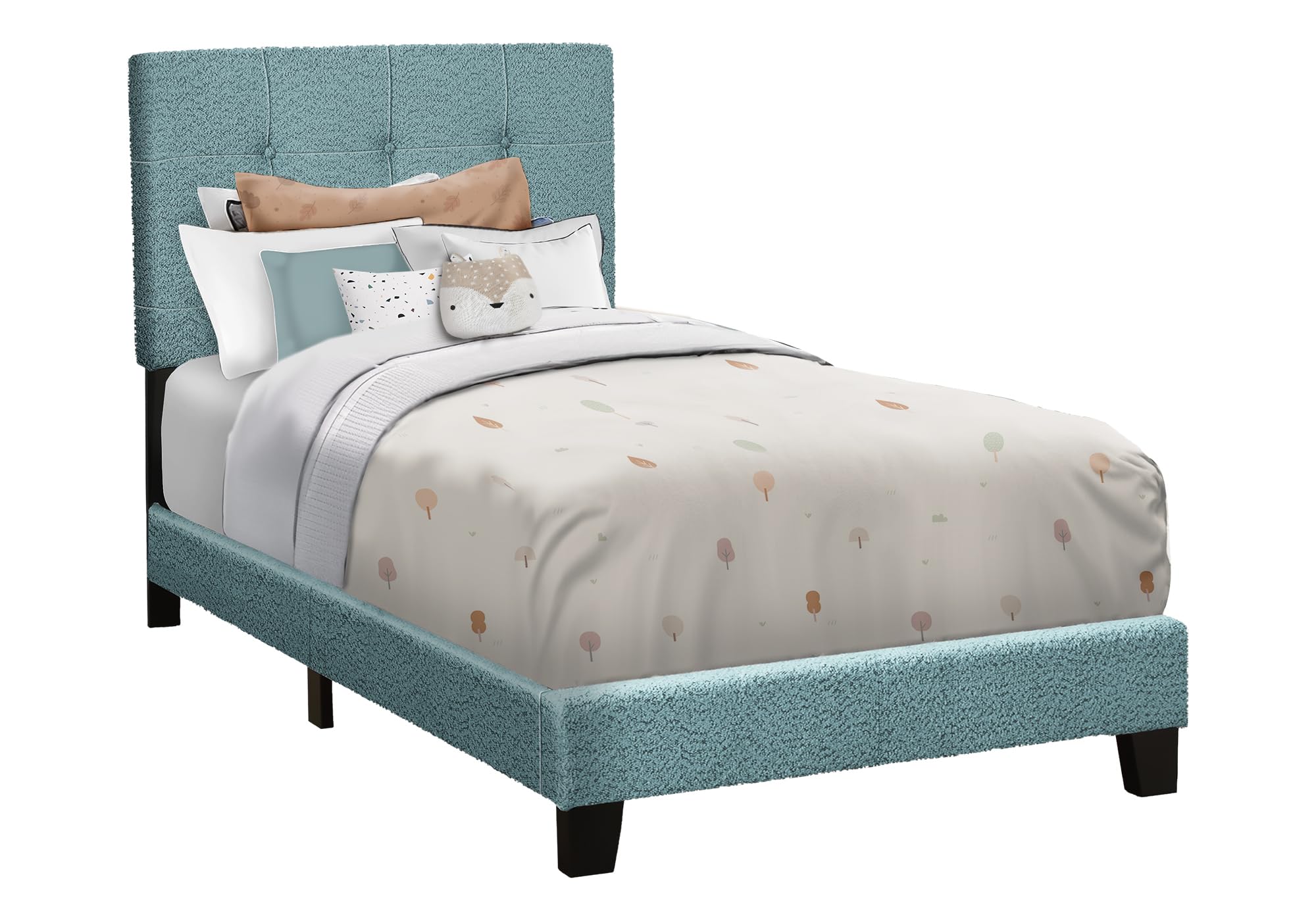 Bed, Twin Size, Upholstered Light Blue Boucle, Transitional