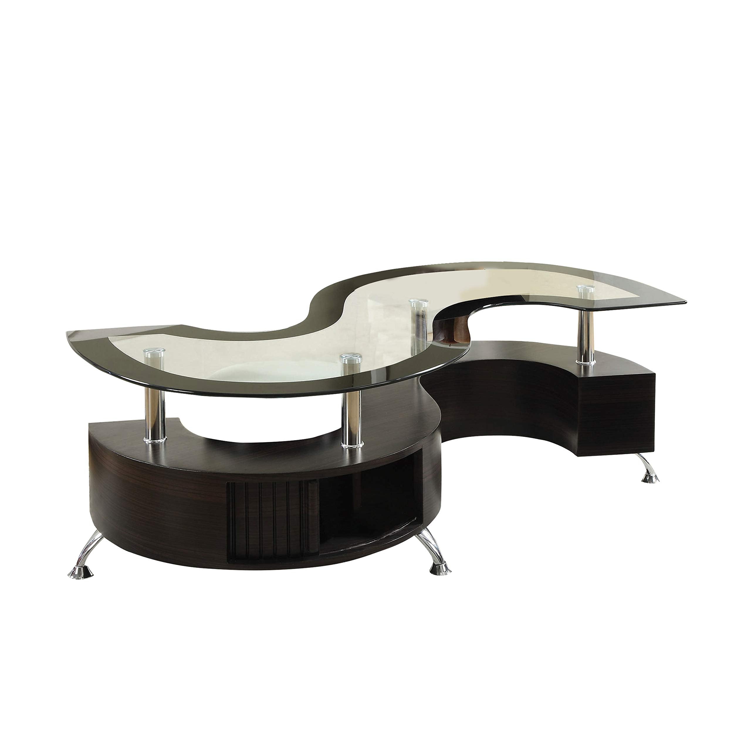 Benjara S Shape Contemporary Wood Base Coffee Table With Glass Top, Silver, Brown