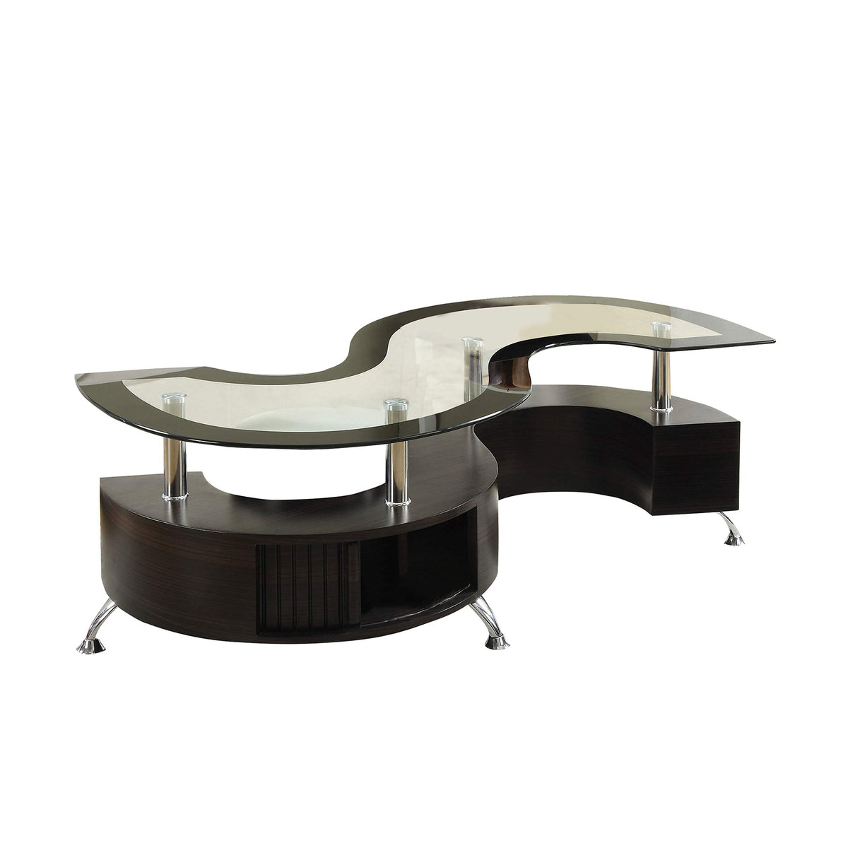 Benjara S Shape Contemporary Wood Base Coffee Table With Glass Top, Silver, Brown