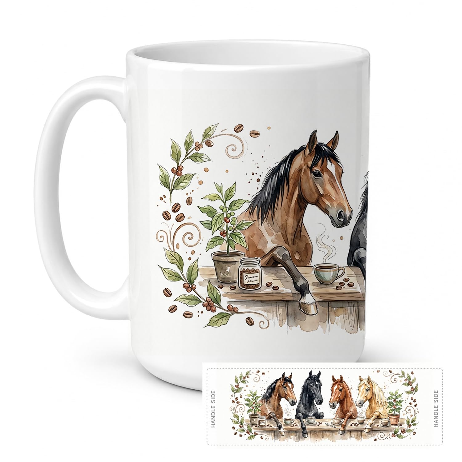 Carolines Treasures Horses Morning Coffee Ceramic Coffee Mug 15 oz Decorative Large C Handle Mug Cup for Tea, Cocoa Hot Chocolate