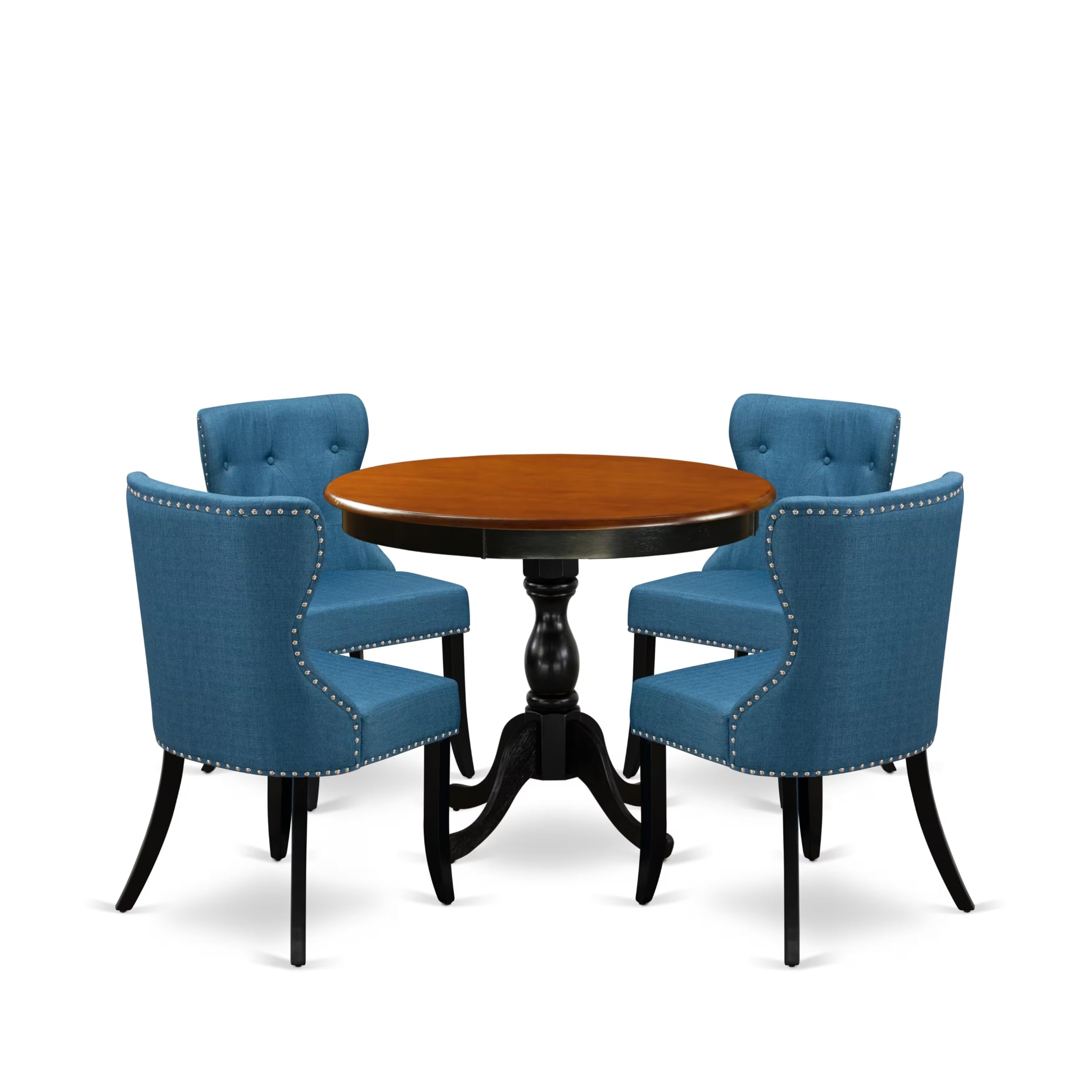 East West Furniture AMSI5-BCH-21 5-Piece Dining Table Set Contains a Mid Century Dining Table and 4 Blue Linen Fabric Midcentury Modern Dining Chairs with Button Tufted Back - Black Finish