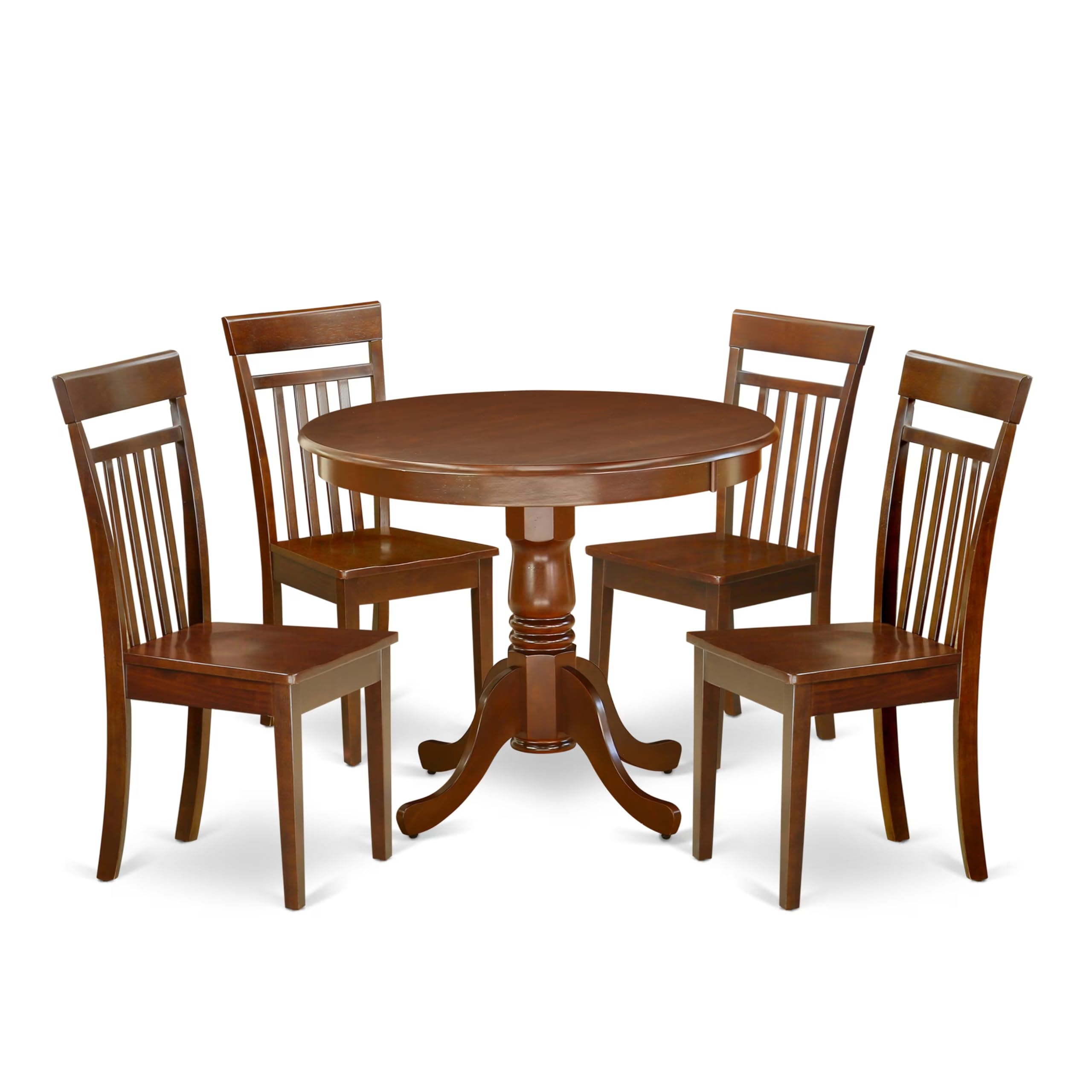 East West Furniture ANCA5-MAH-W Antique 5 Piece Room Set Includes a Round Kitchen Table with Pedestal and 4 Dining Chairs, 36x36 Inch