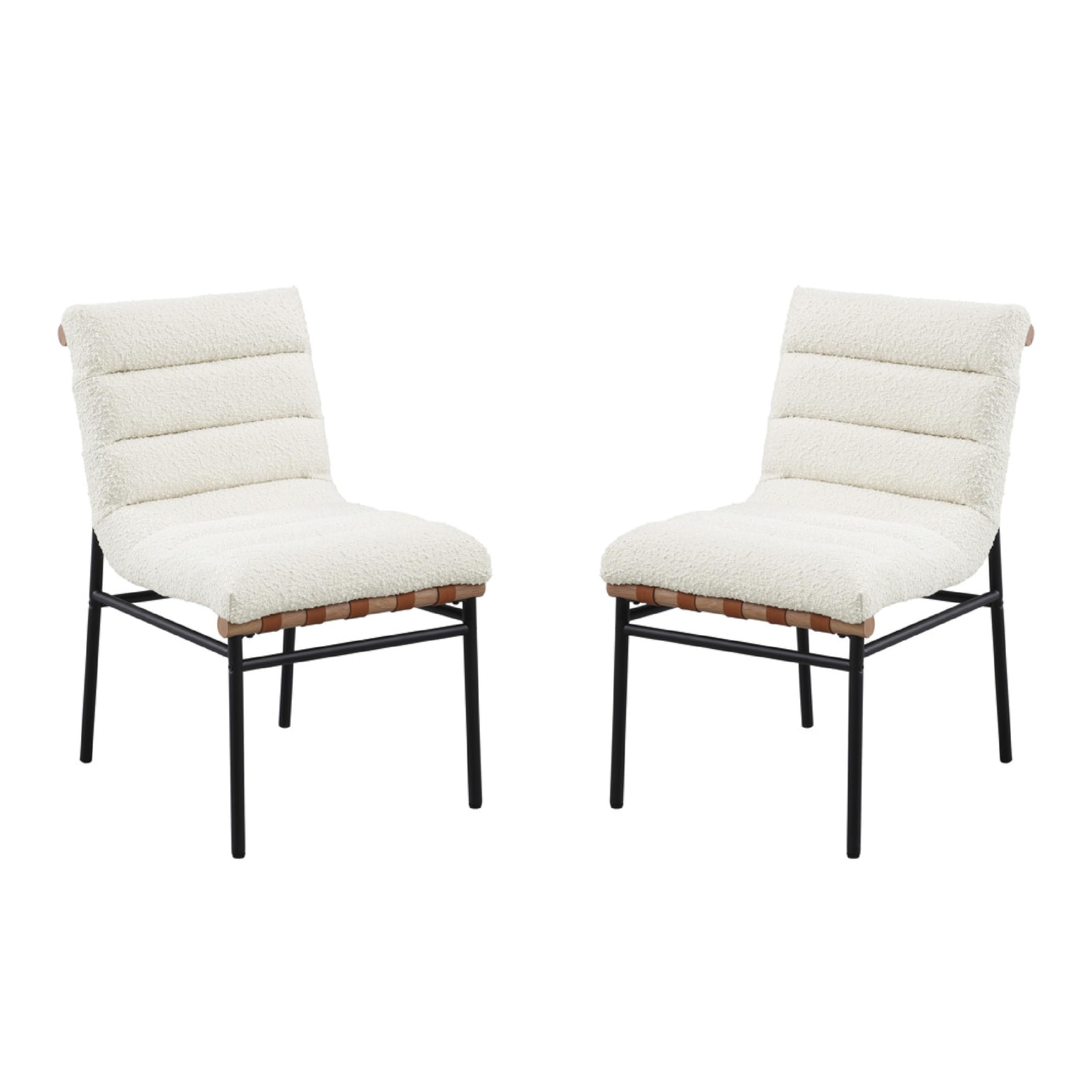 Kive Dining Chair Set of 2, Black Iron Legs, White Channel Tuft Boucle