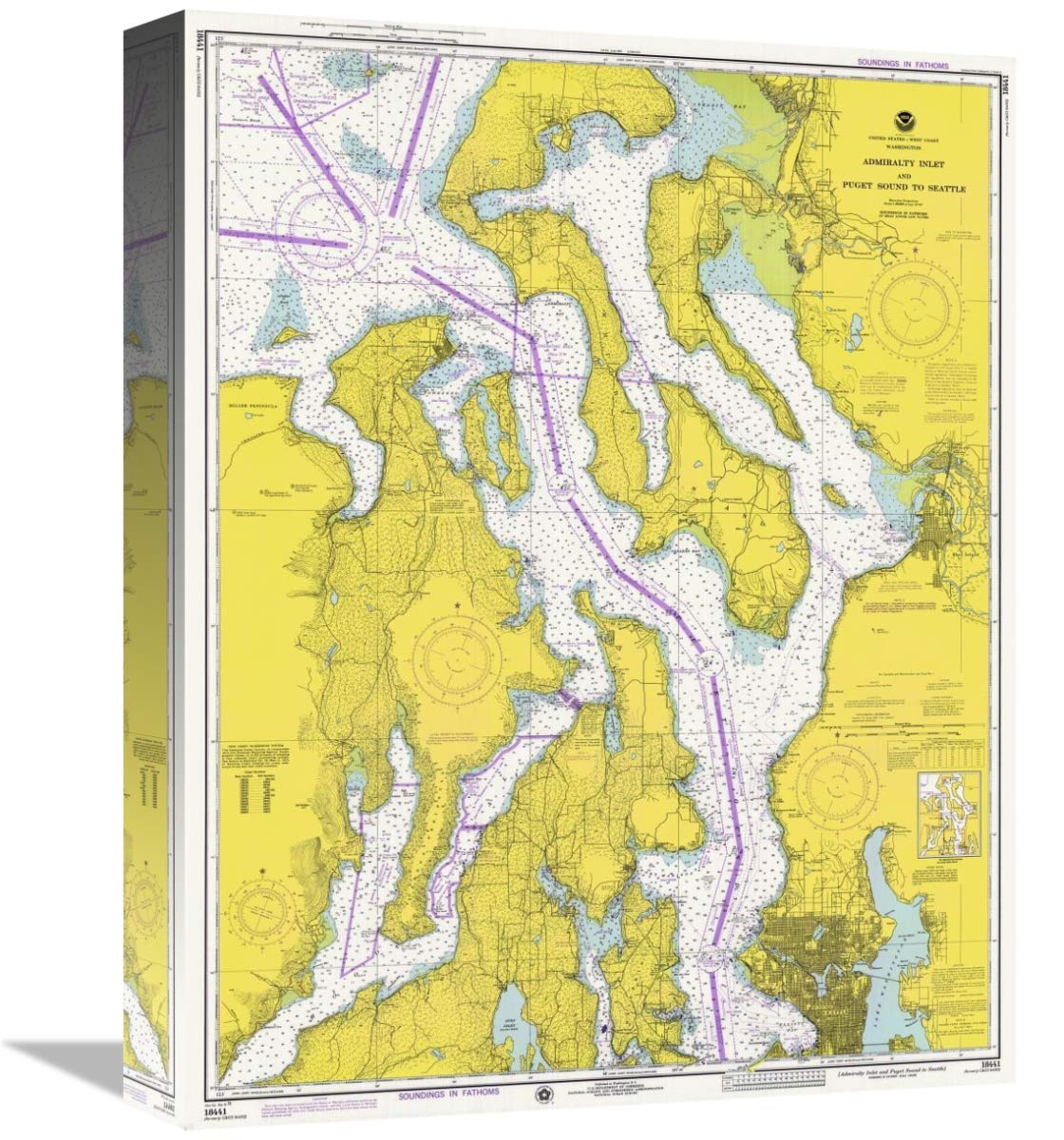 Nautical Chart - Admiralty Inlet and Puget Sound to Seattle ca. 1975-Canvas Art-12.64x16”