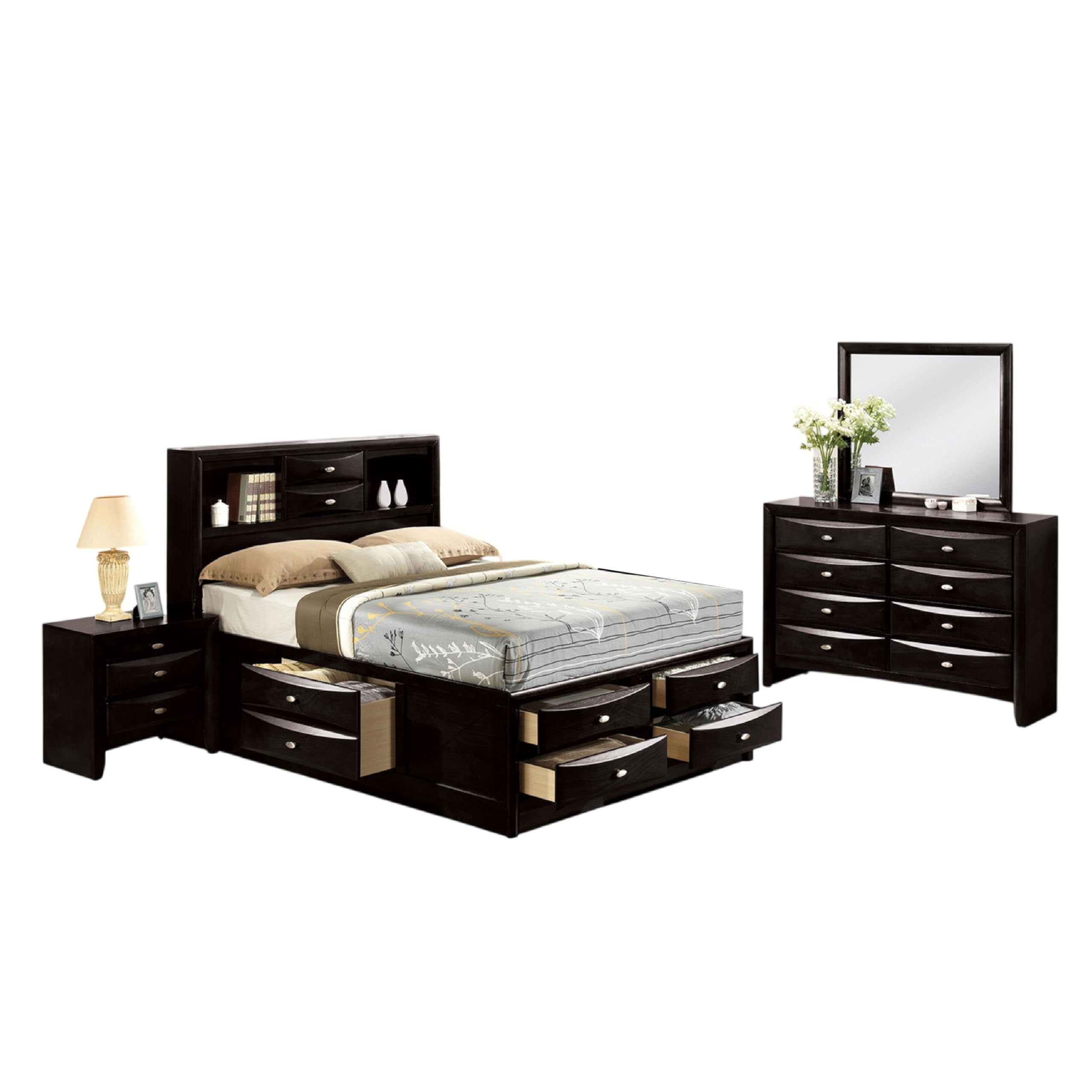 Simo 4pc Queen Bedroom Set w Bookcase Headboard w Drawers, Black
