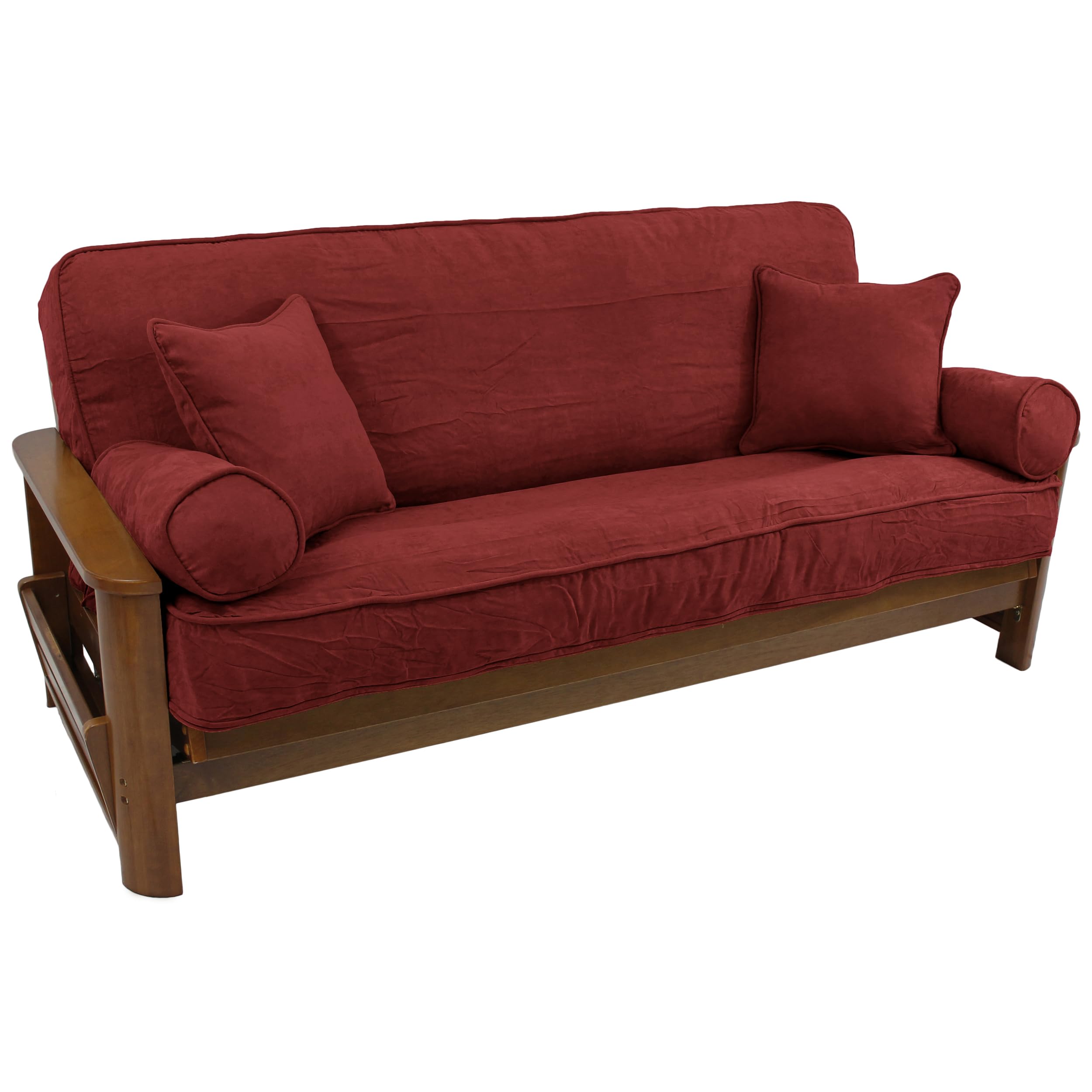 Solid Microsuede Double Corded 8 to 9-inch Full Futon Cover Set with Four Throw Pillows (Set of 5) - Red Wine