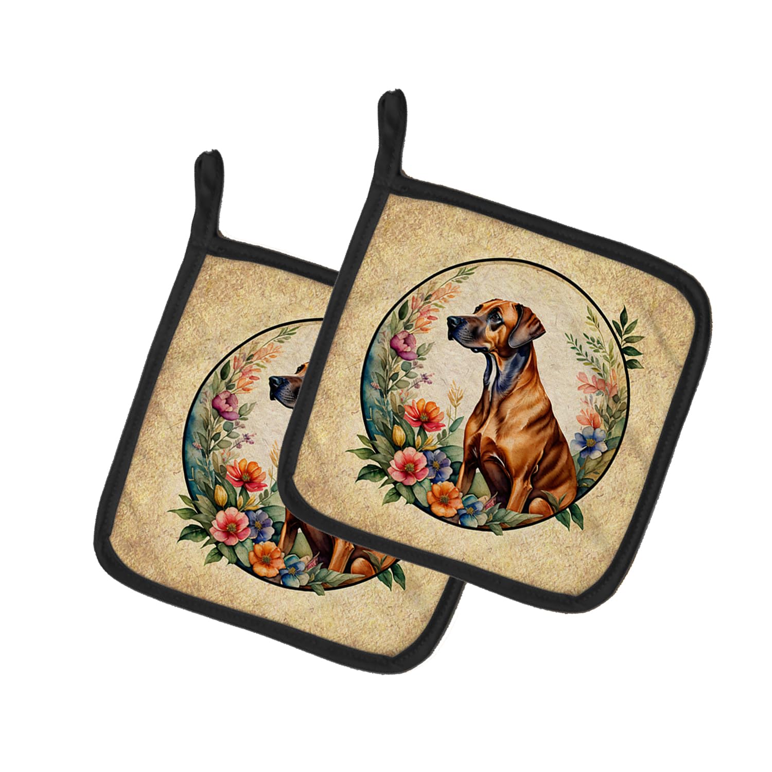 Rhodesian Ridgeback and Flowers Pair of Pot Holders
