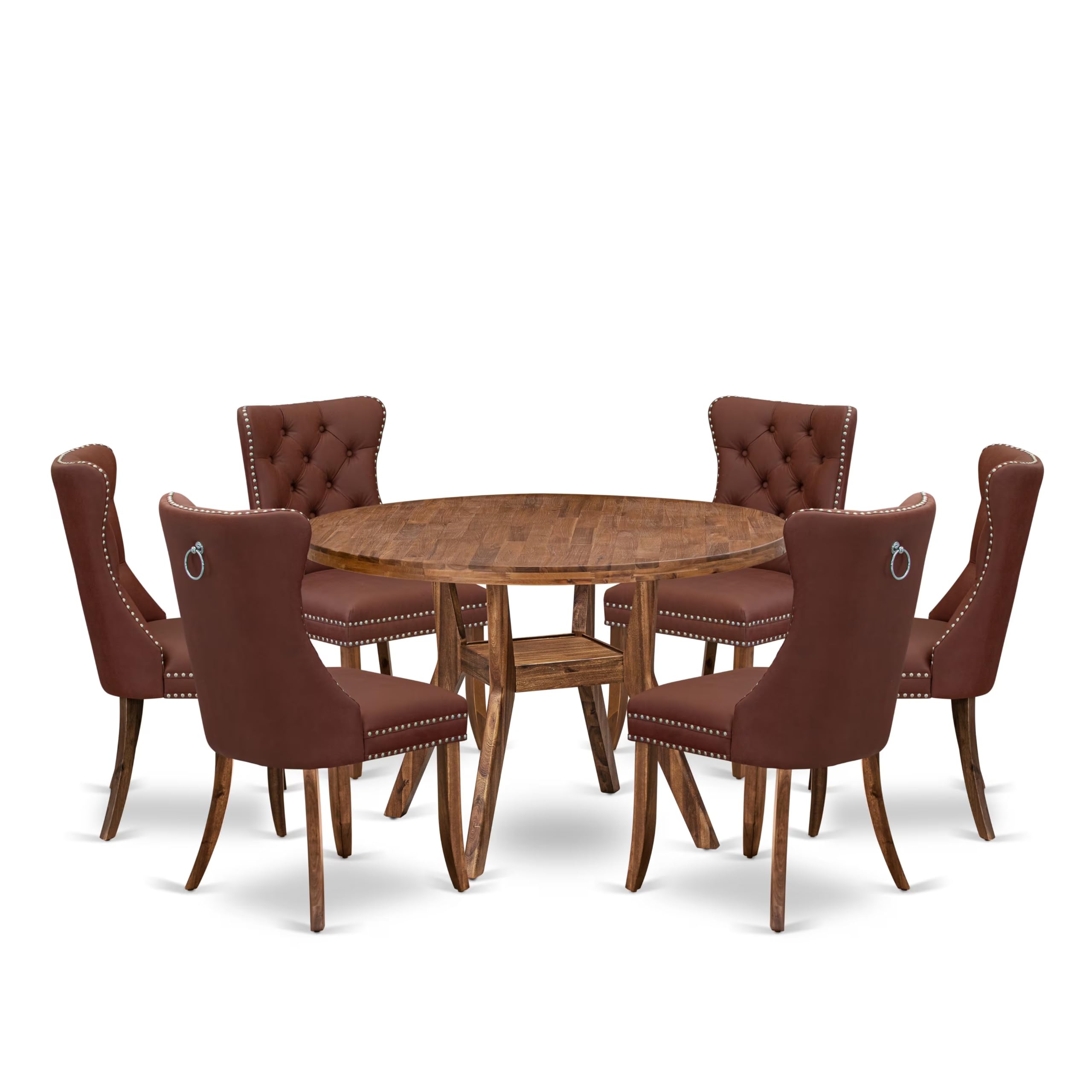 7-Pc Dining Room Set Include A Modern Table And 6 Burgundy Upholstered Chairs