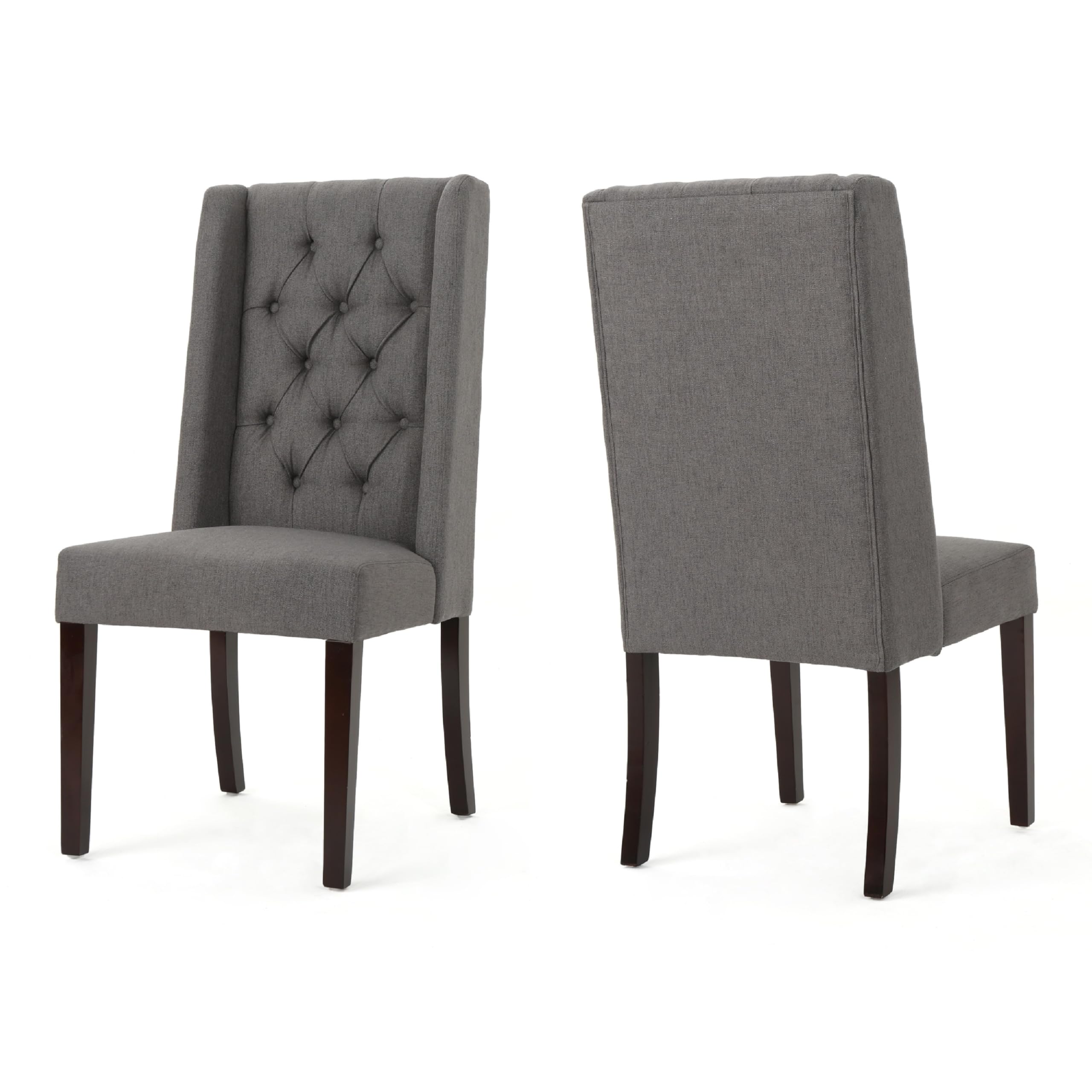 Nathan Dining Chair Set of 2, Dark Brown Wood, Tufted Gray Wingback