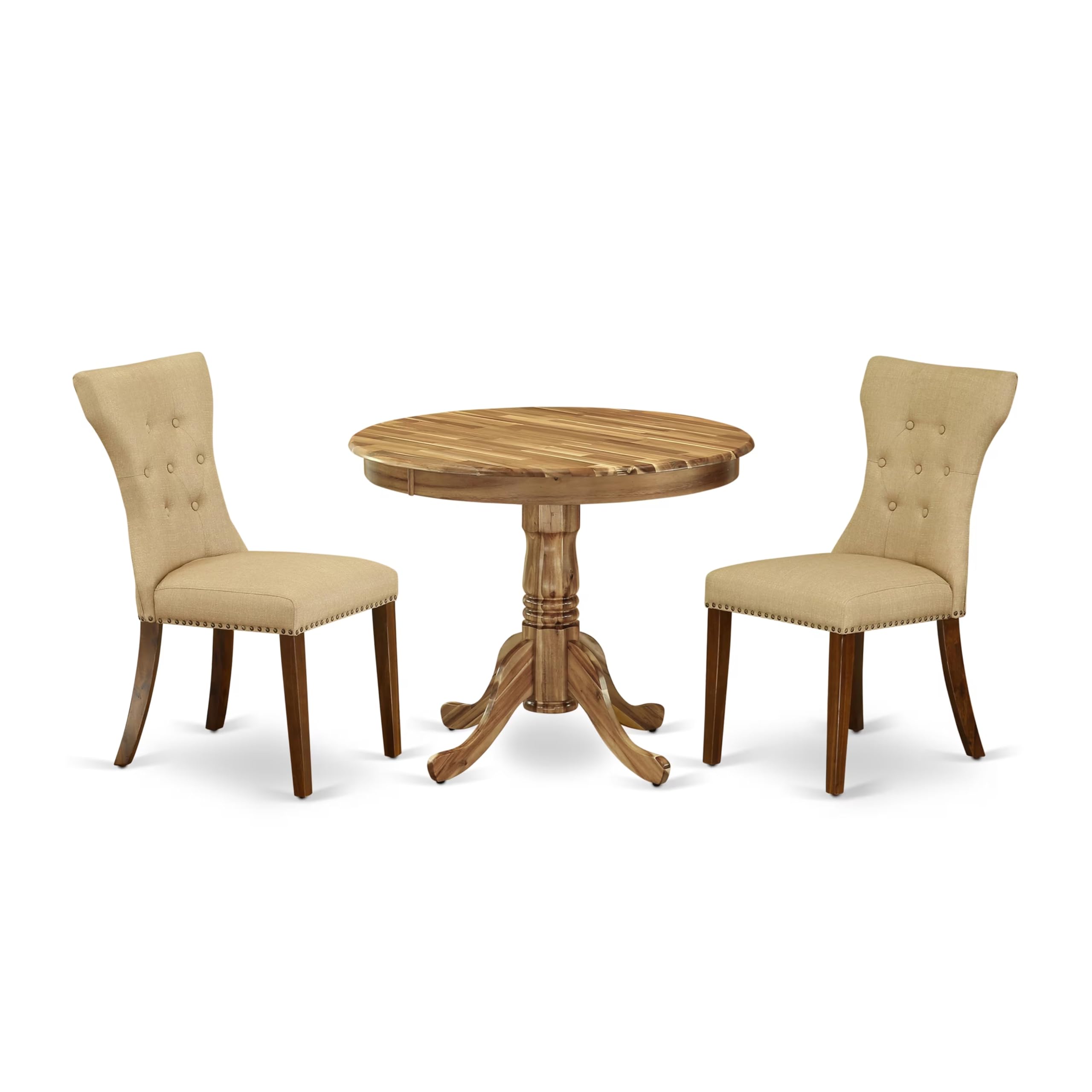 East West Furniture ANGA3-ANA-03 3 Piece Dining Set for Small Spaces Contains a Round Kitchen Table with Pedestal and 2 Brown Linen Fabric Parsons Chairs, 36x36 Inch, Natural