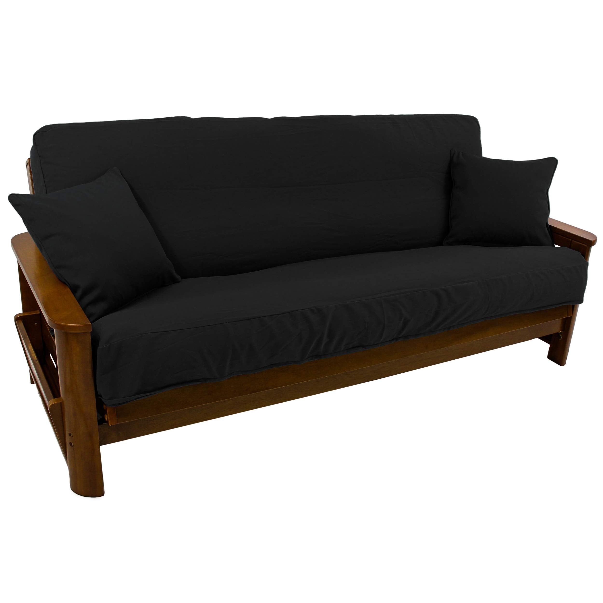 Solid Twill 8 to 9-inch Full Futon Cover Set with Two 18-inch Throw Pillows (Set of 3) - Black