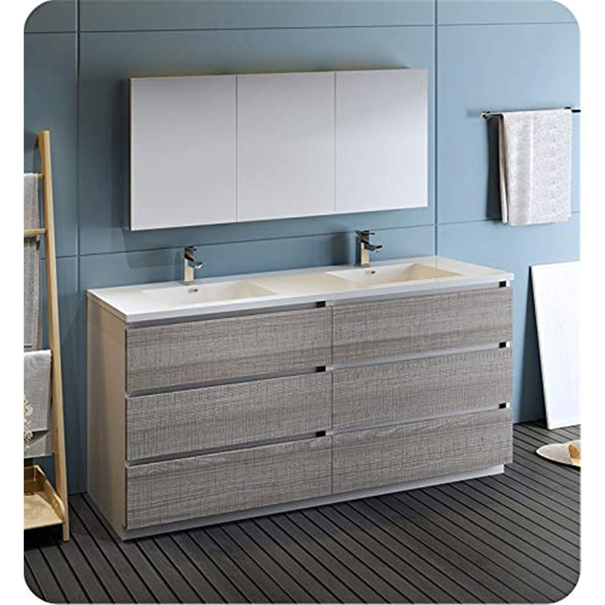 Fresca Lazzaro 72 Glossy Ash Gray Free Standing Double Sink Modern Bathroom Vanity W/Medicine Cabinet - Faucet Sold Separately