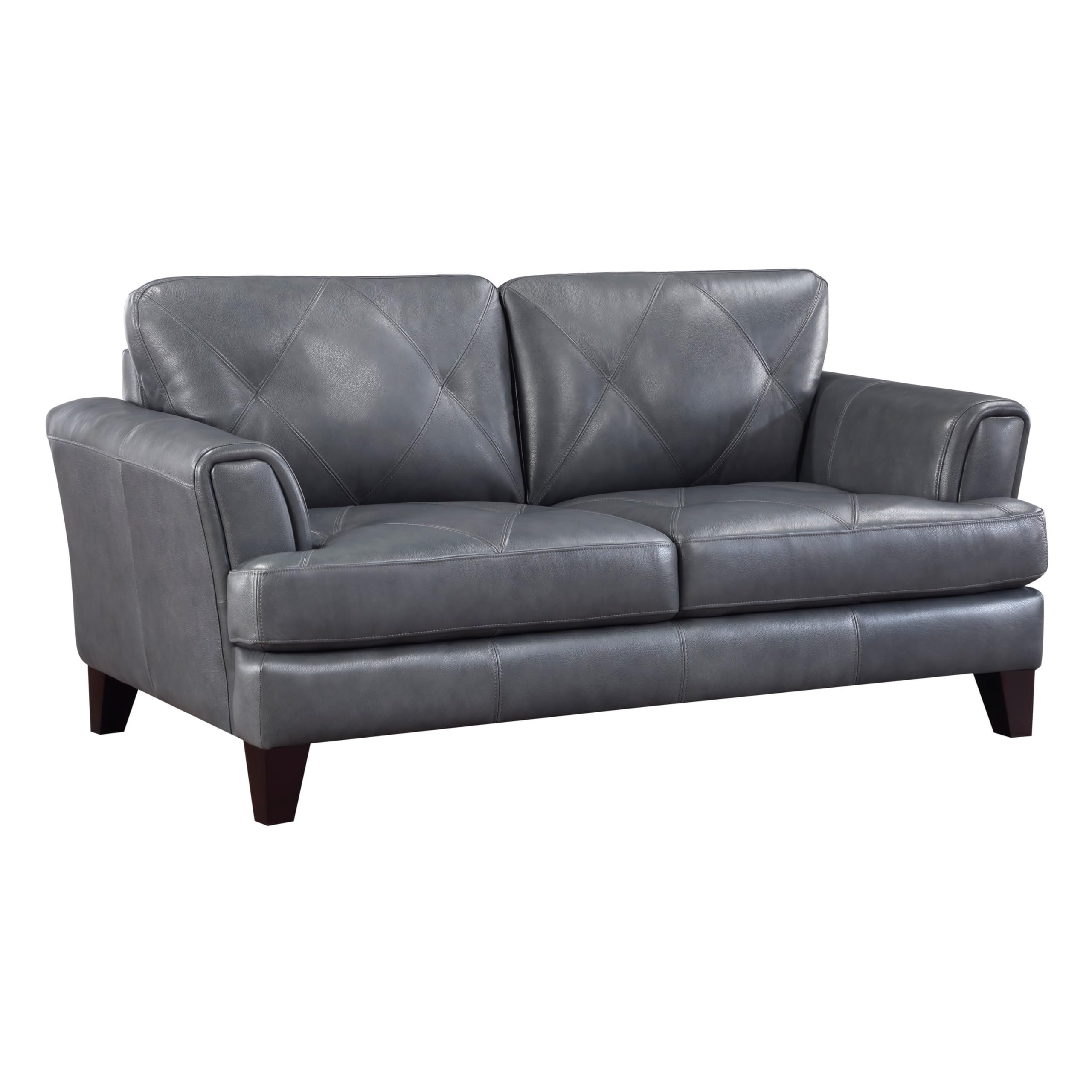 Lisa 71 Inch Loveseat, Gray Top Grain and Split Leather Brown Solid Wood