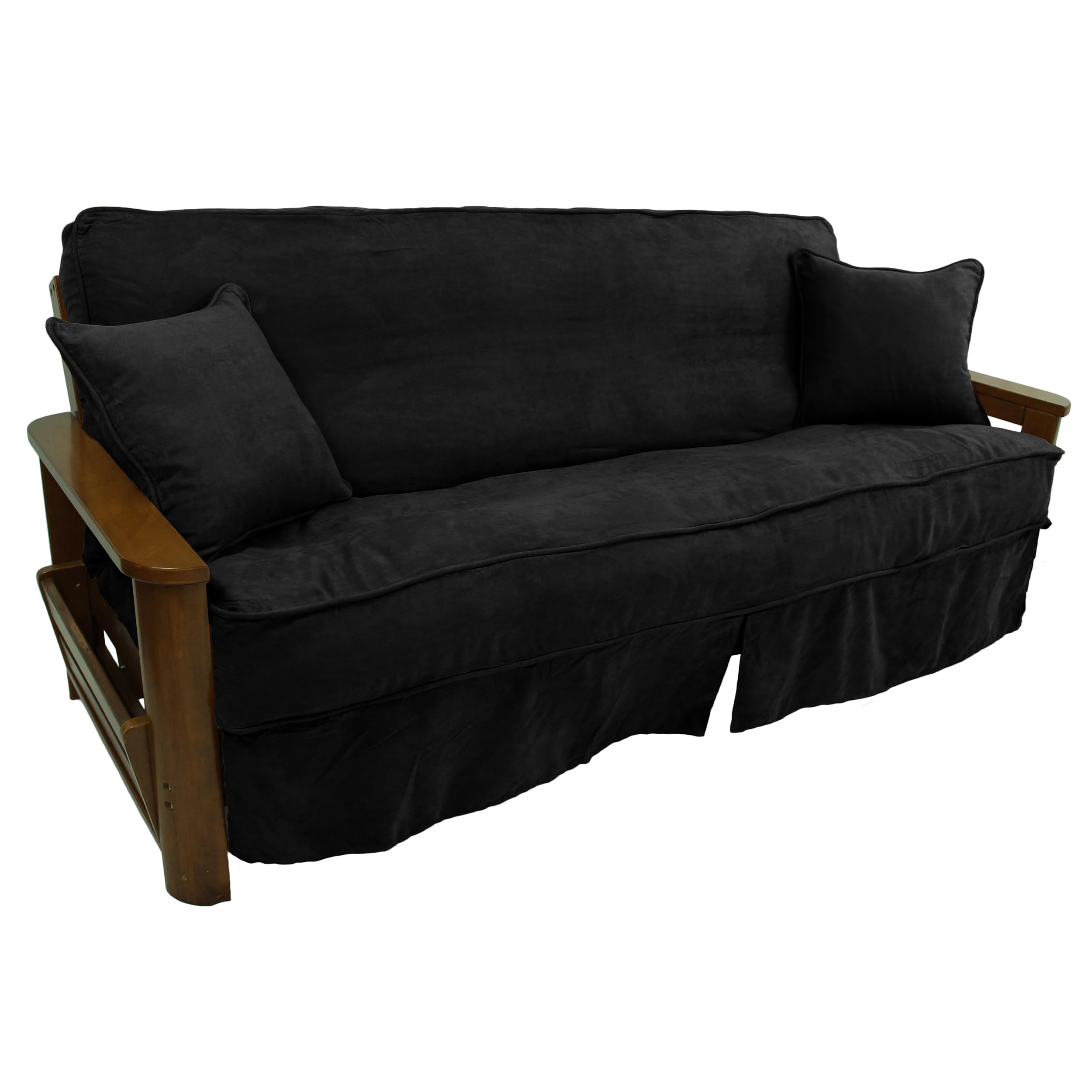 Solid Microsuede Double Corded 8 to 9-inch Full Futon Slipcover Set with Two 18-inch Throw Pillows (Set of 3) - Black