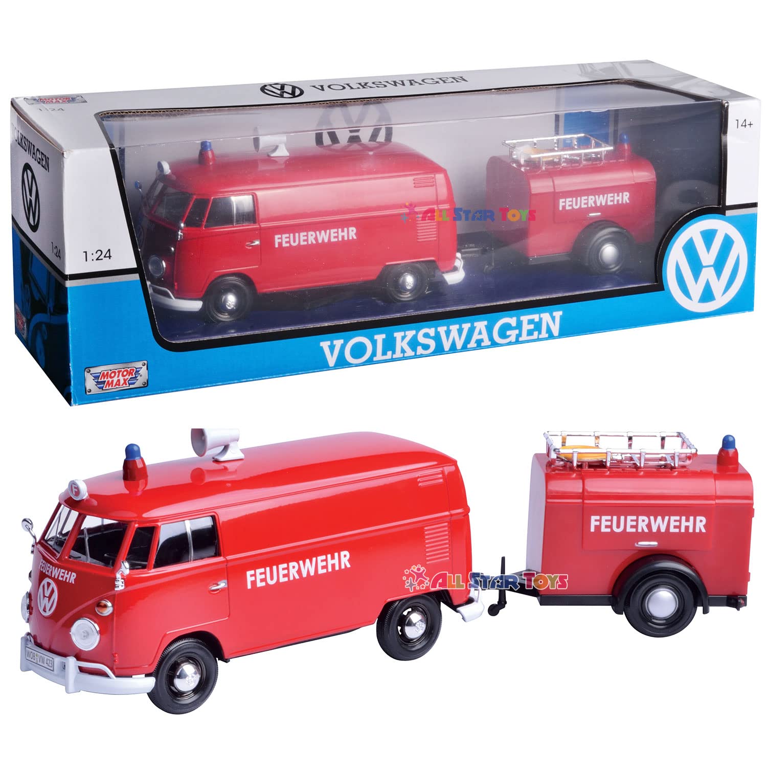 Volkswagen Type 2 (T1) Fire Van with Fire Fighting Trailer ??euerwehr??Red 1/24 Diecast Model Car by Motormax