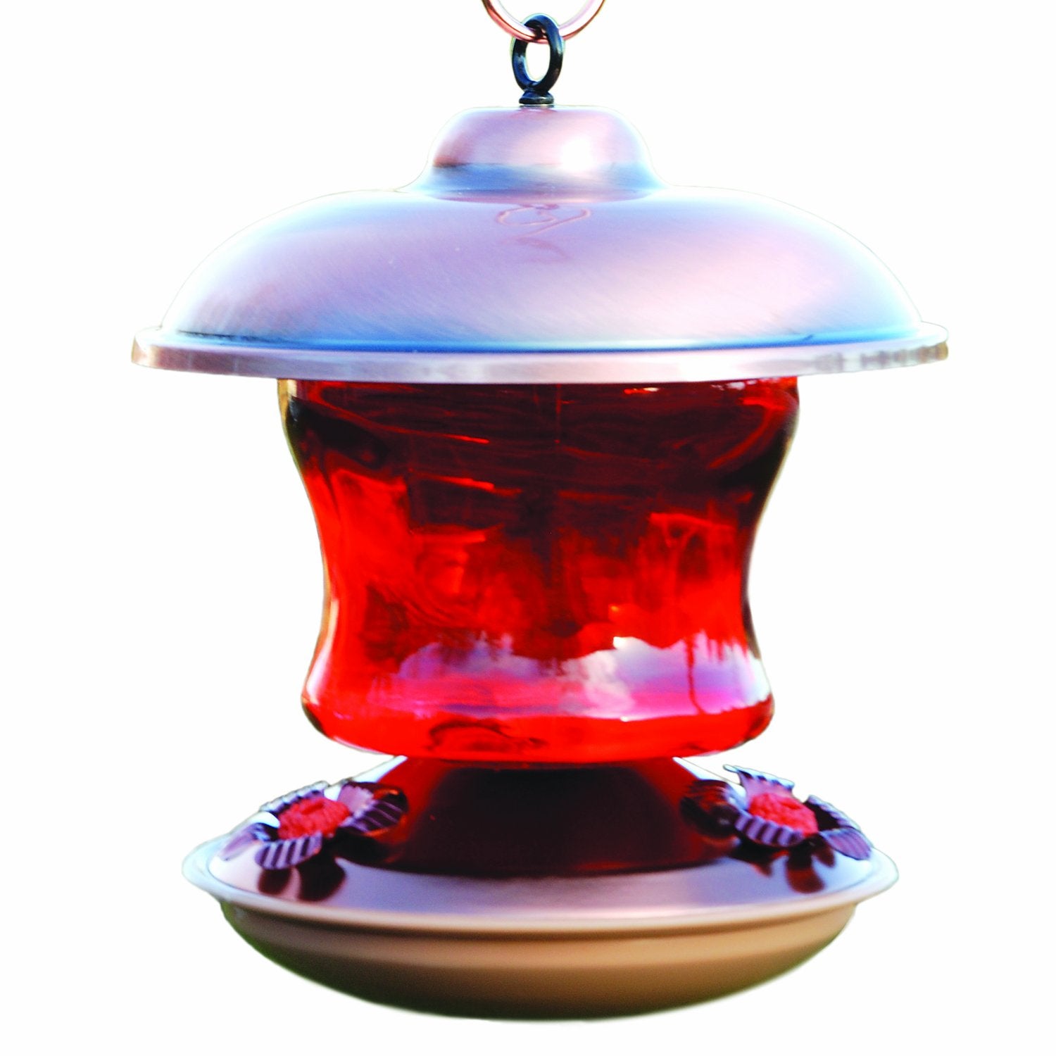 Brushed Copper Hummingbird Feeder, Ruby Glass