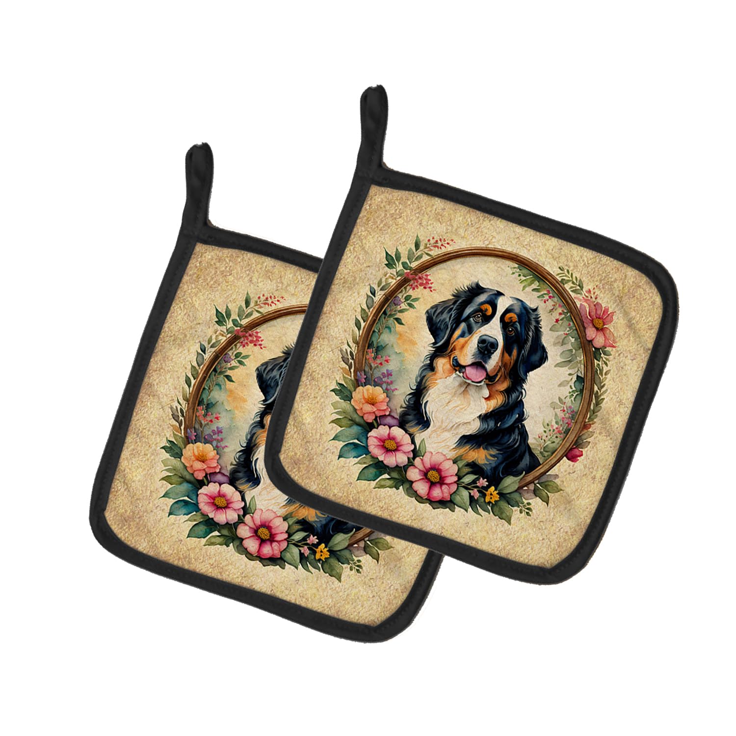 Bernese Mountain Dog and Flowers Pair of Pot Holders