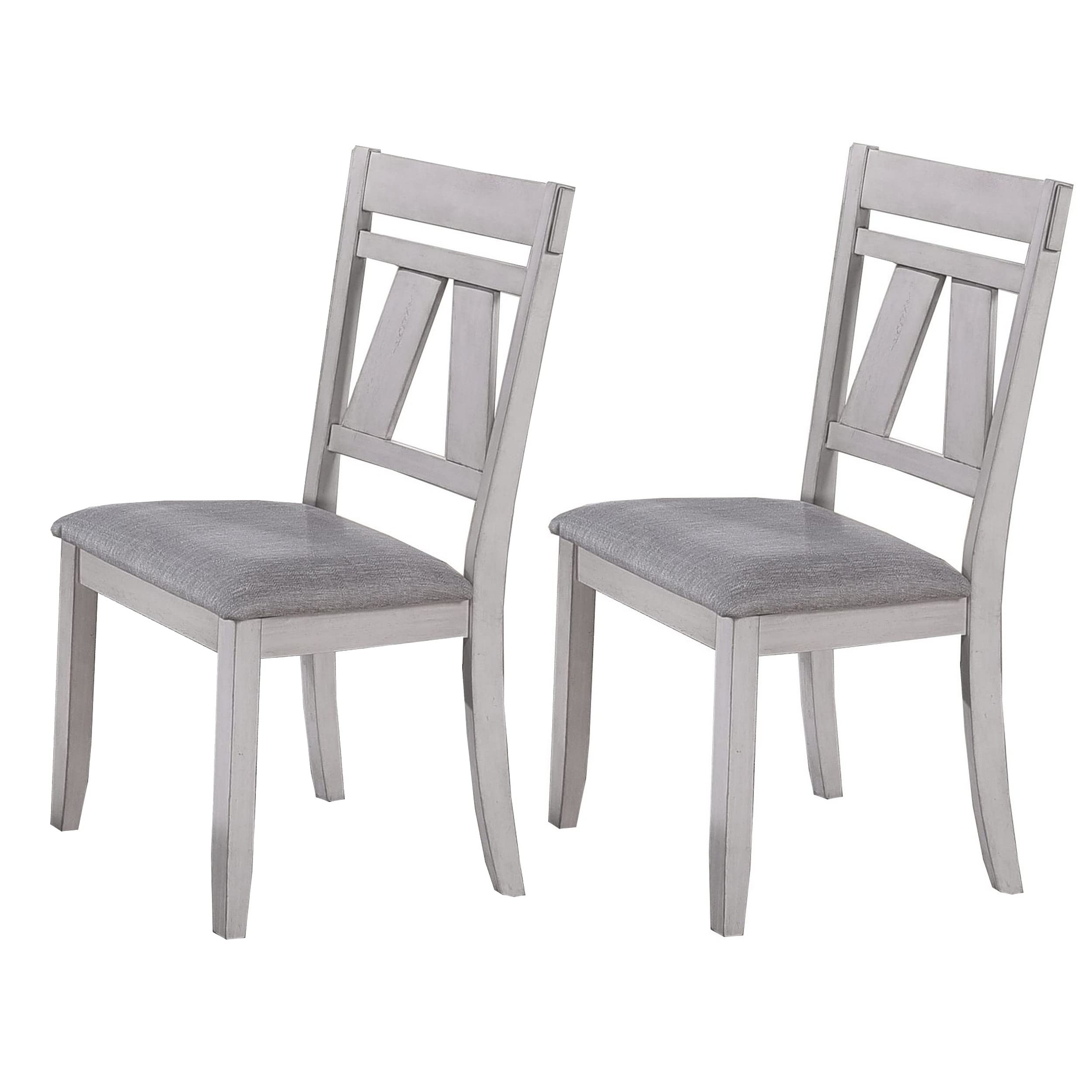 Wooden Side Chair with Fabric Upholstered Seat, Set of 2, White and Gray