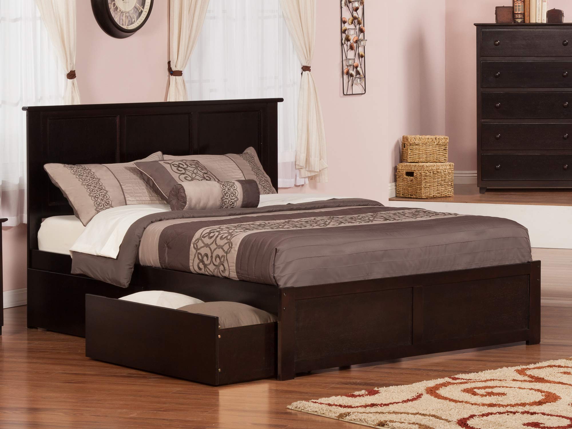 Madison King Solid Wood Platform Bed with Footboard & 2 Storage Drawers in Espresso