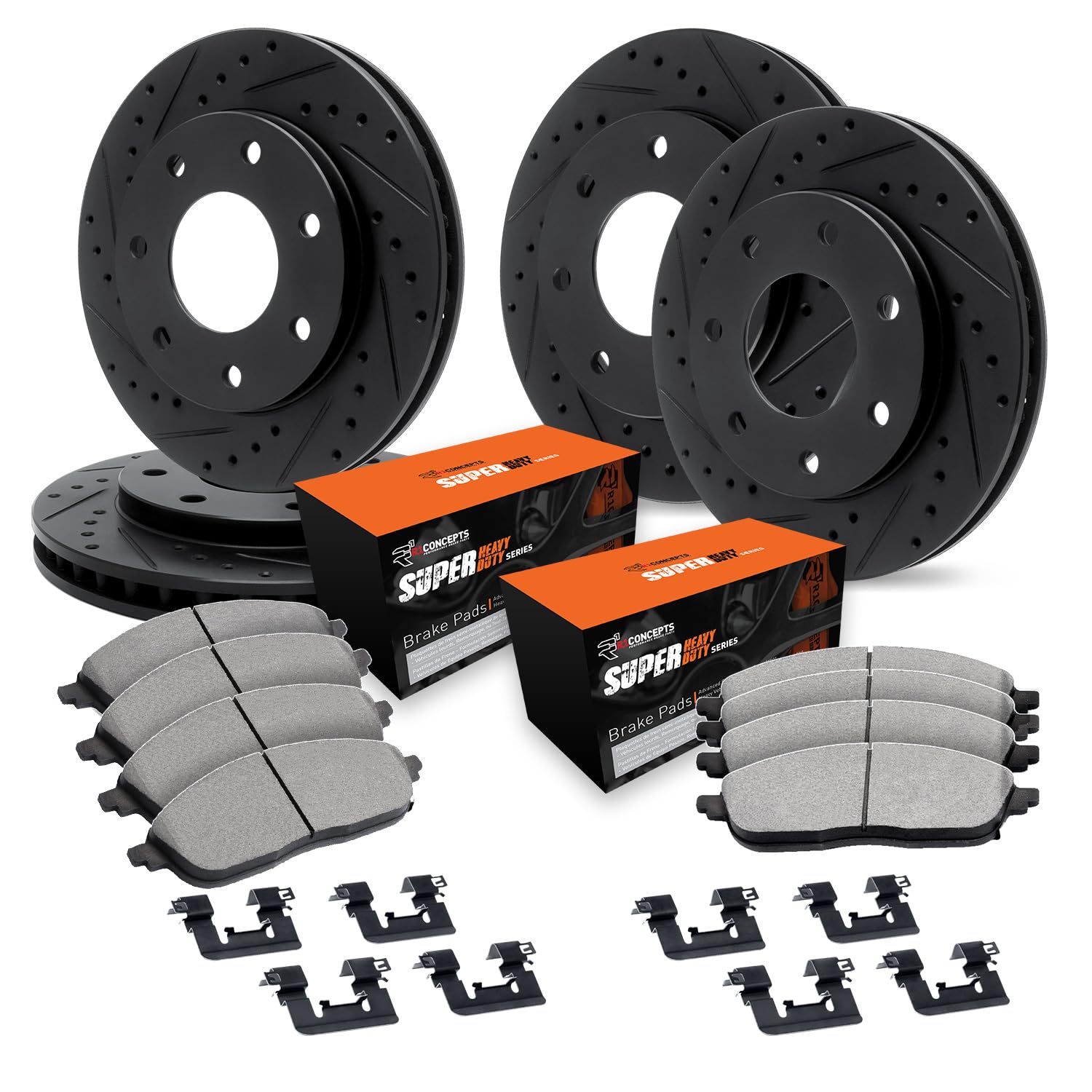 R1 Concepts Drilled and Slotted Black Disc Brake Rotor Set with Super Duty Pads and Hardware WHXH2-54068