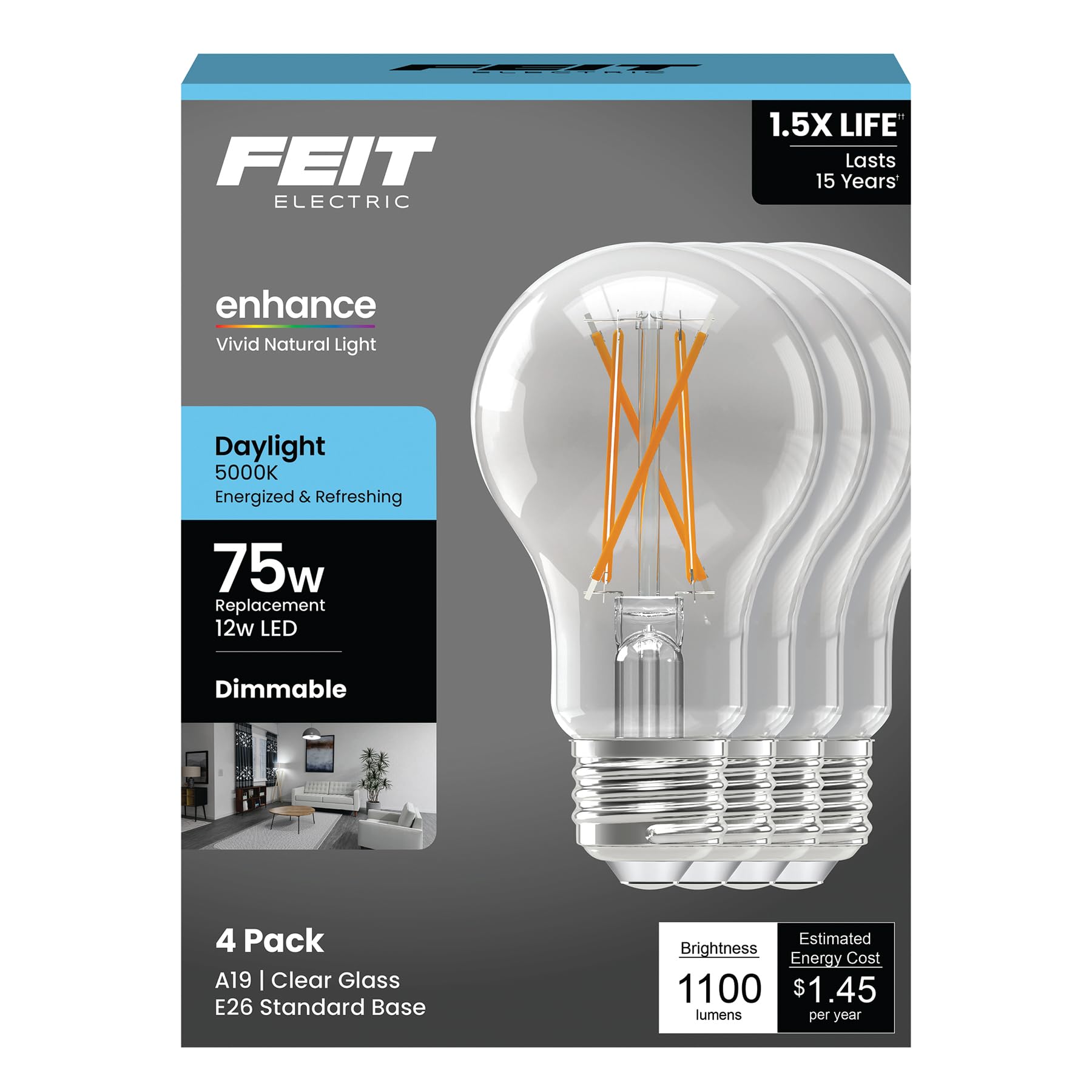Feit A19 E26 (Medium) Filament LED Bulb Daylight 75 Watt Equivalence 4 pk