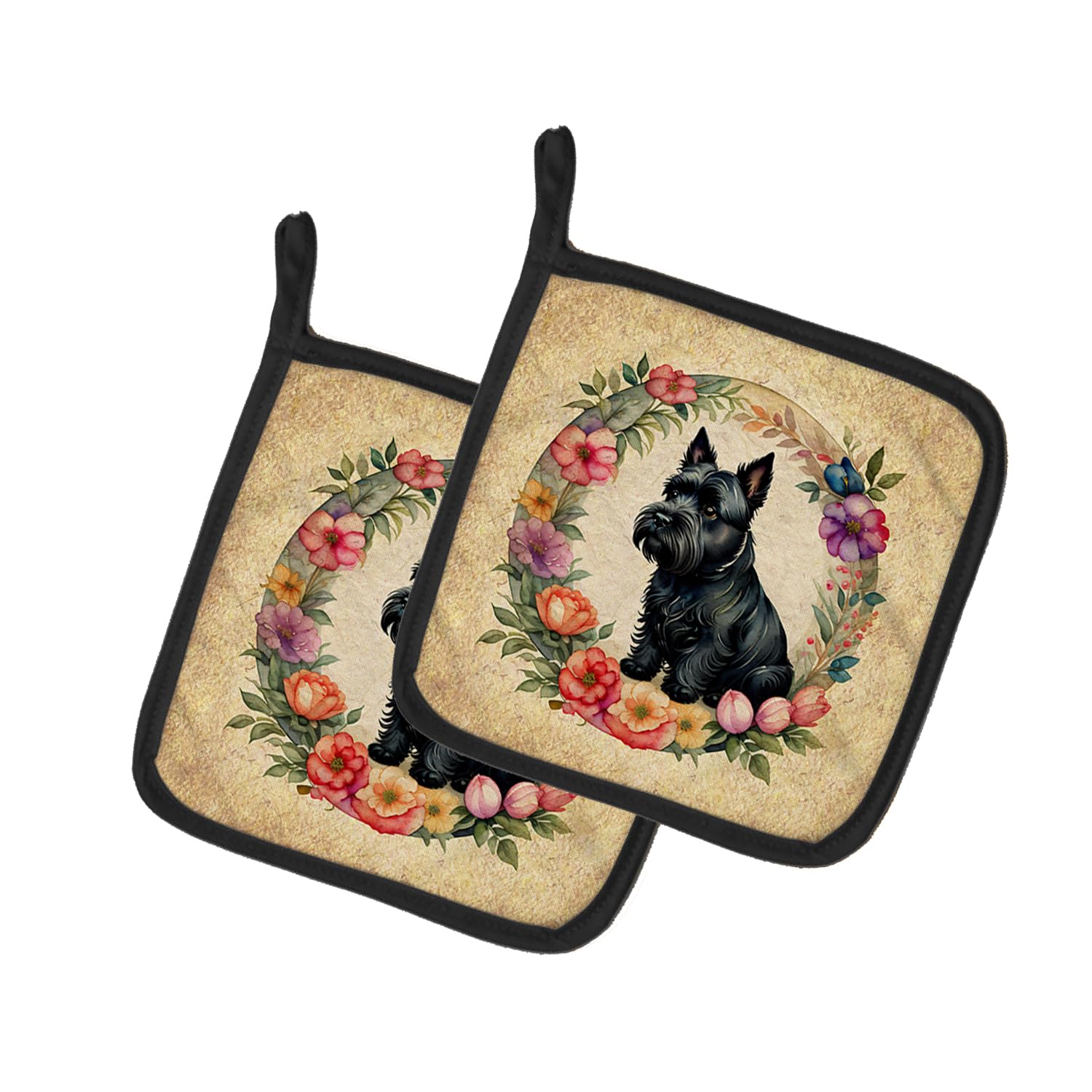 Scottish Terrier and Flowers Pair of Pot Holders