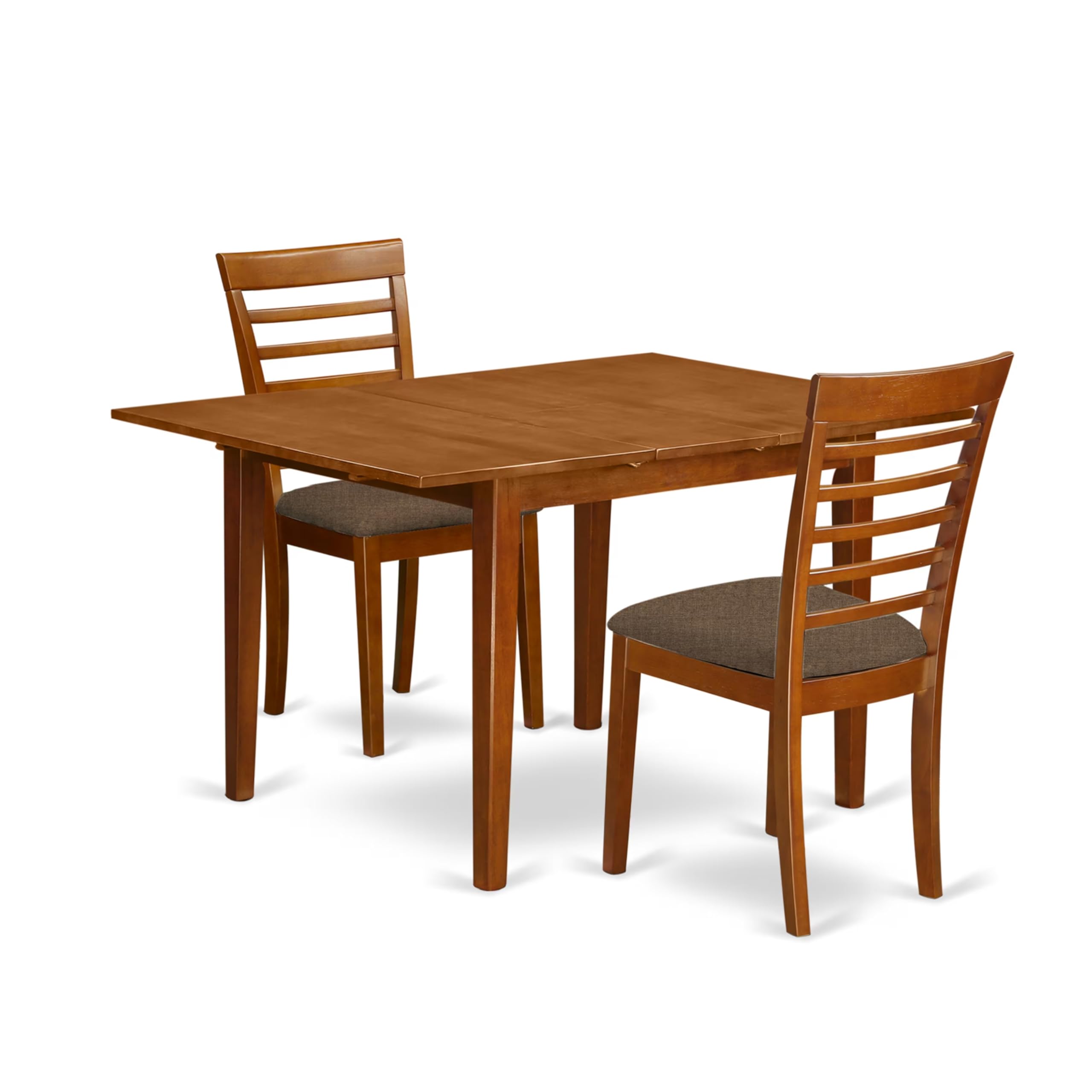 MILA3-SBR-C 3 Pc set Milan Dinette Table with Leaf and 2 Cushiad Dinette Chairs in Saddle Brown .