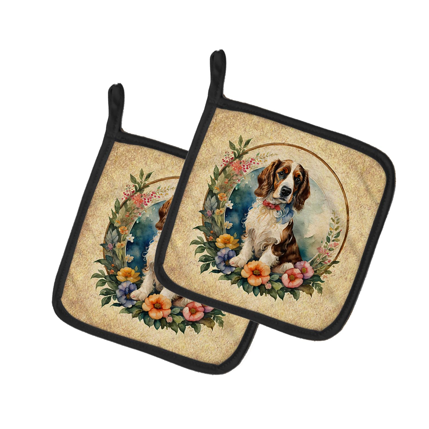 Welsh Springer Spaniel and Flowers Pair of Pot Holders