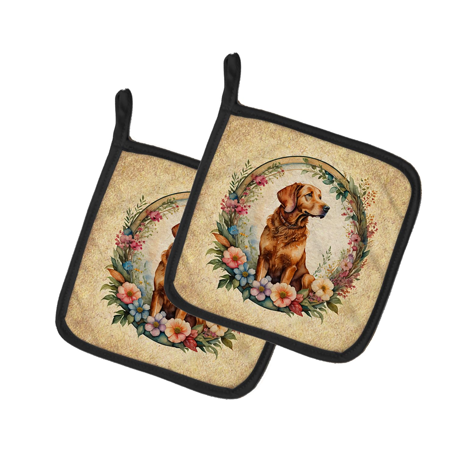 Chesapeake Bay Retriever and Flowers Pair of Pot Holders