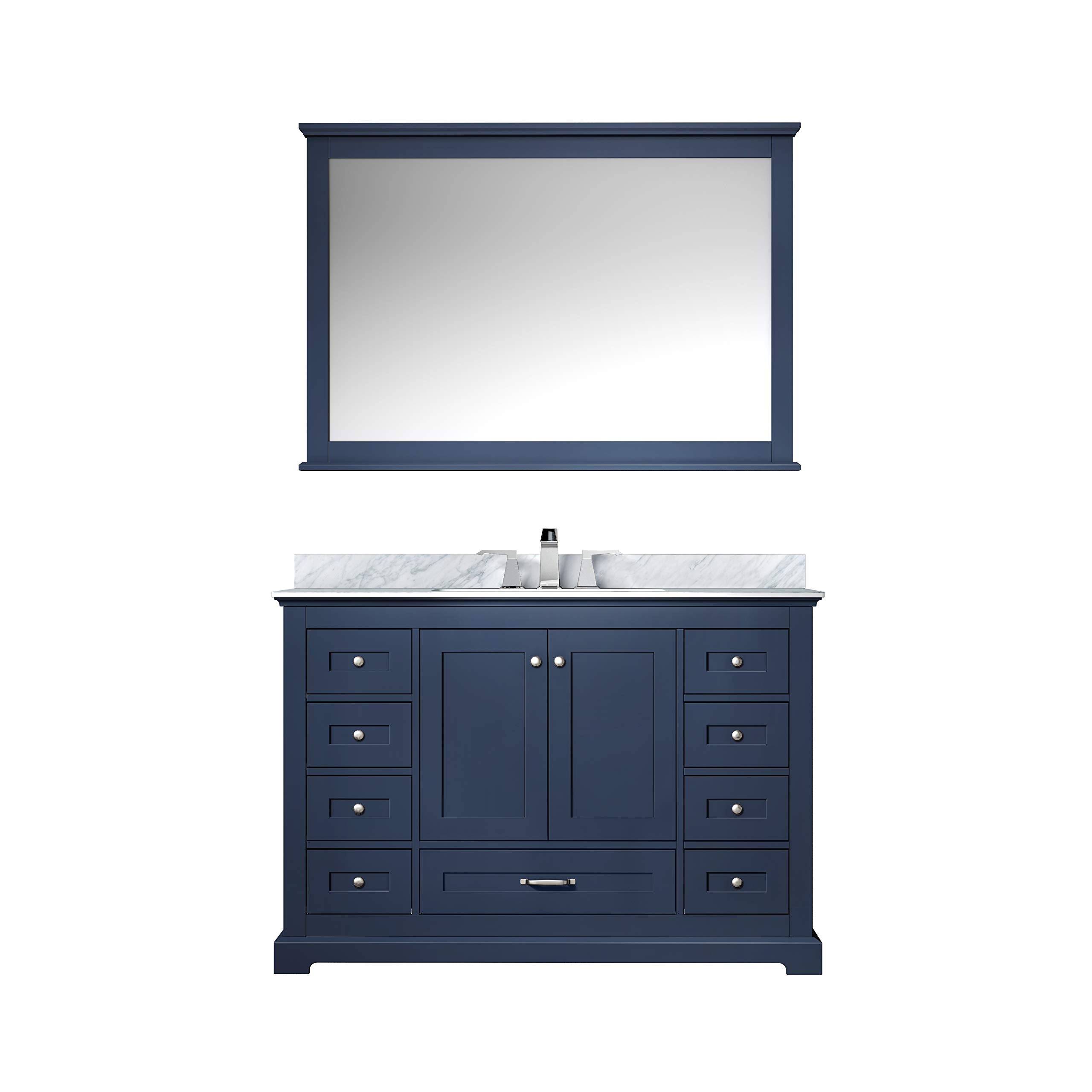 Navy Blue Single Bath Vanity 48 in. W x 22 in. D, Carrara Marble Top, Faucet Set, and 46 in. Mirror