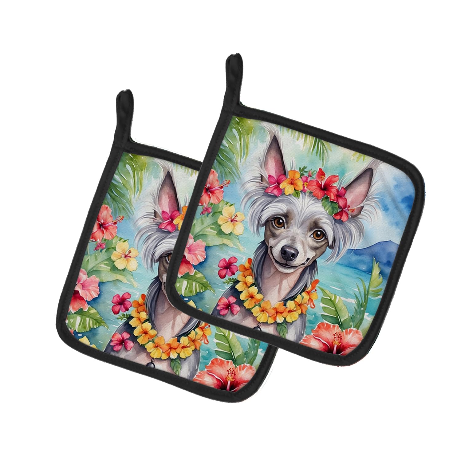 Chinese Crested Luau Pair of Pot Holders