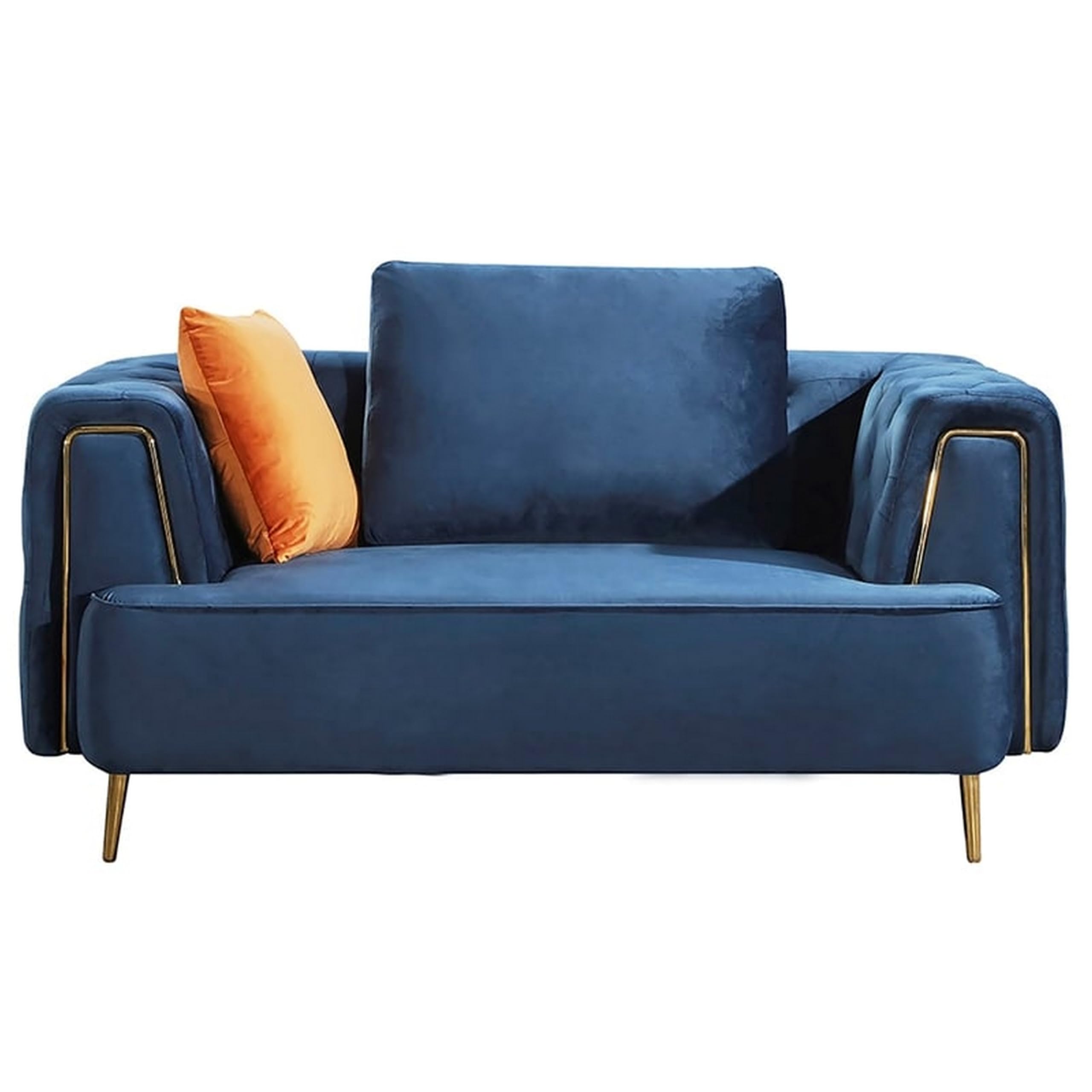 Azia Loveseat, Blue Velvet, Tufted Arms, Golden Accents, Legs 64 Inch
