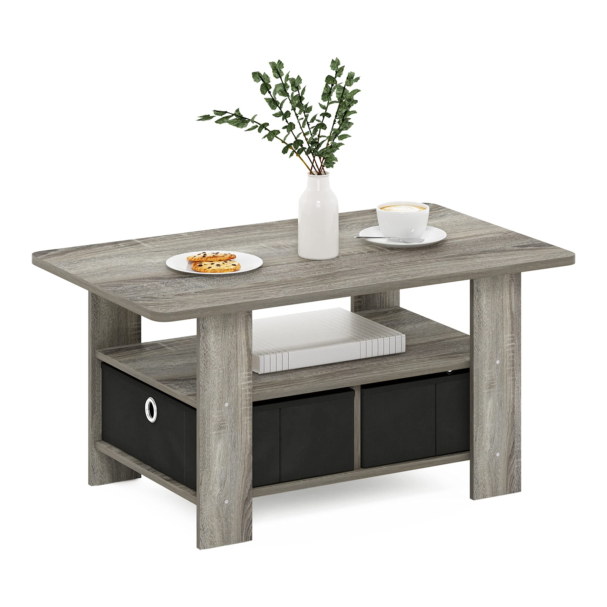 Furinno 11158GYW/BK Coffee Table w/Bin Drawer, French Oak Grey/Black