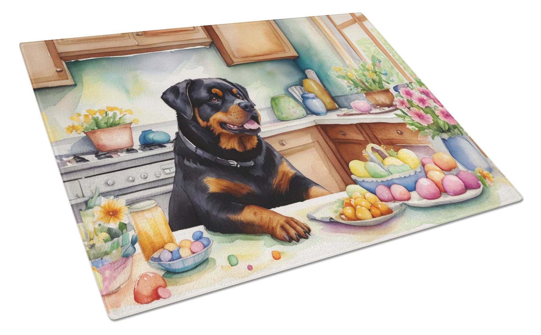 Carolines Treasures DAC6887LCB Decorating Easter Rottweiler Glass Cutting Board Decorative Tempered Glass Kitchen Cutting and Serving Board Large Size Chopping Board