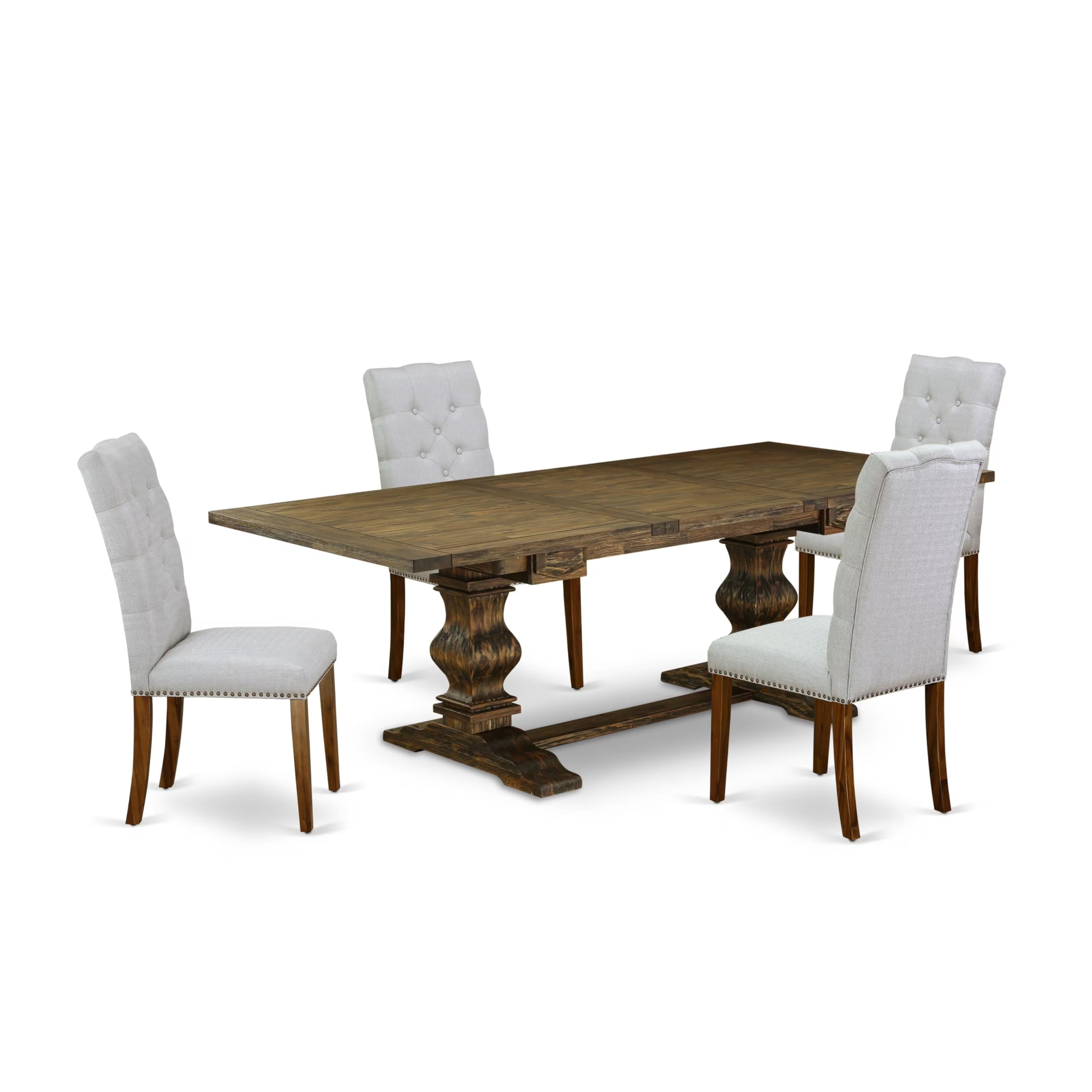 5-pc wood dining table set with Chairs Legs and Modern Gray Linen Fabric