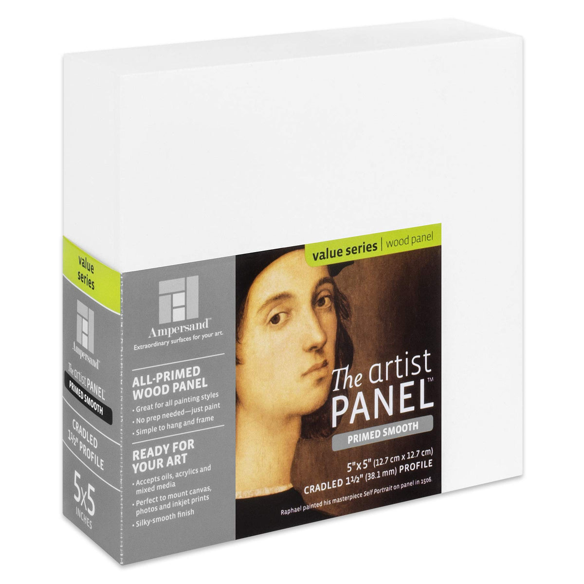 Ampersand Art Supply Wood Gesso Artist Painting Panel: Primed Smooth, 5 X 5, 1-1/2 Cradled Profile