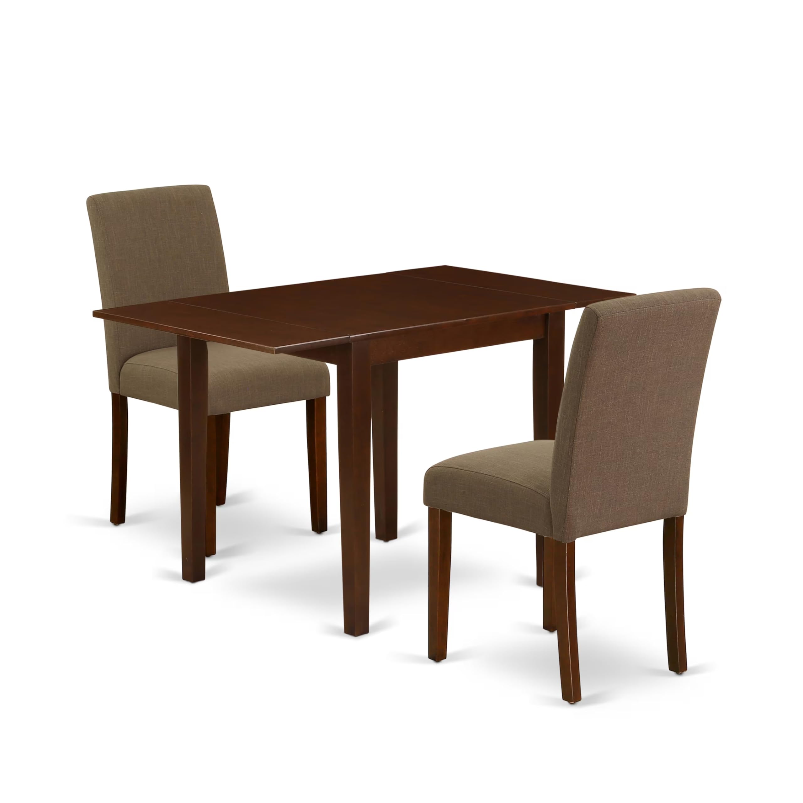 1NDAB3-MAH-18 Modern Dining Table Set 3 Pc - Two Parson Chairs and a Dining Room Table - Mahogany Finish Wood - Coffee Color Linen Fabric
